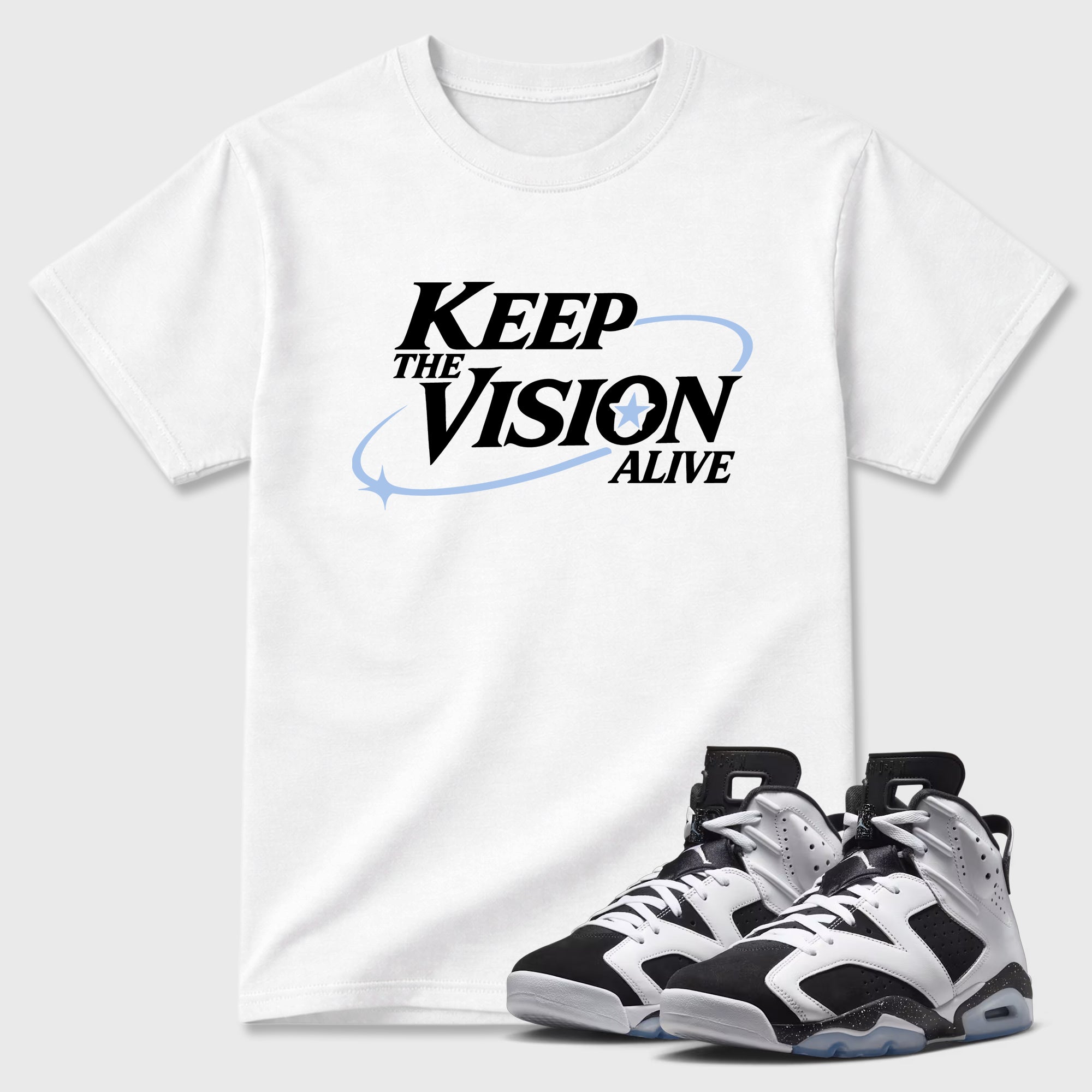 Keep The Vision Alive Graphic T-Shirt featuring original streetwear artwork designed to match the Air Jordan 6 Black and White. White 1 Graphic T-Shirt.