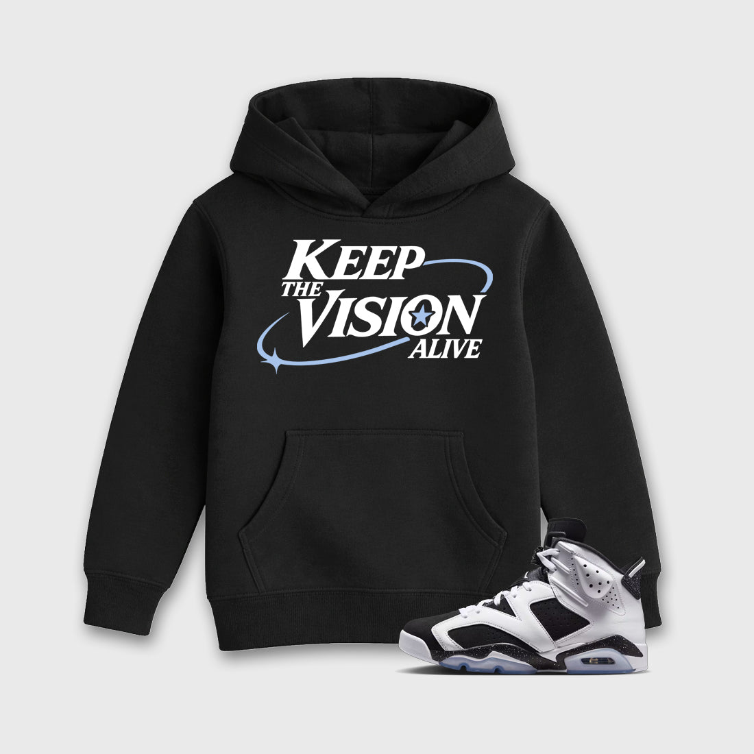 Keep The Vision Alive Baby & Kids Graphic Hoodie featuring original artwork designed to match the Air Jordan 6 Black and White. Black 1 Kids Graphic Sweater.