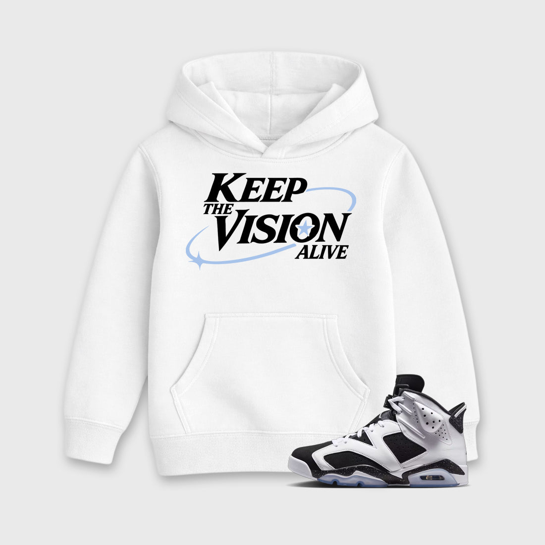 Keep The Vision Alive Baby & Kids Graphic Hoodie featuring original artwork designed to match the Air Jordan 6 Black and White. White 1 Kids Graphic Sweater.