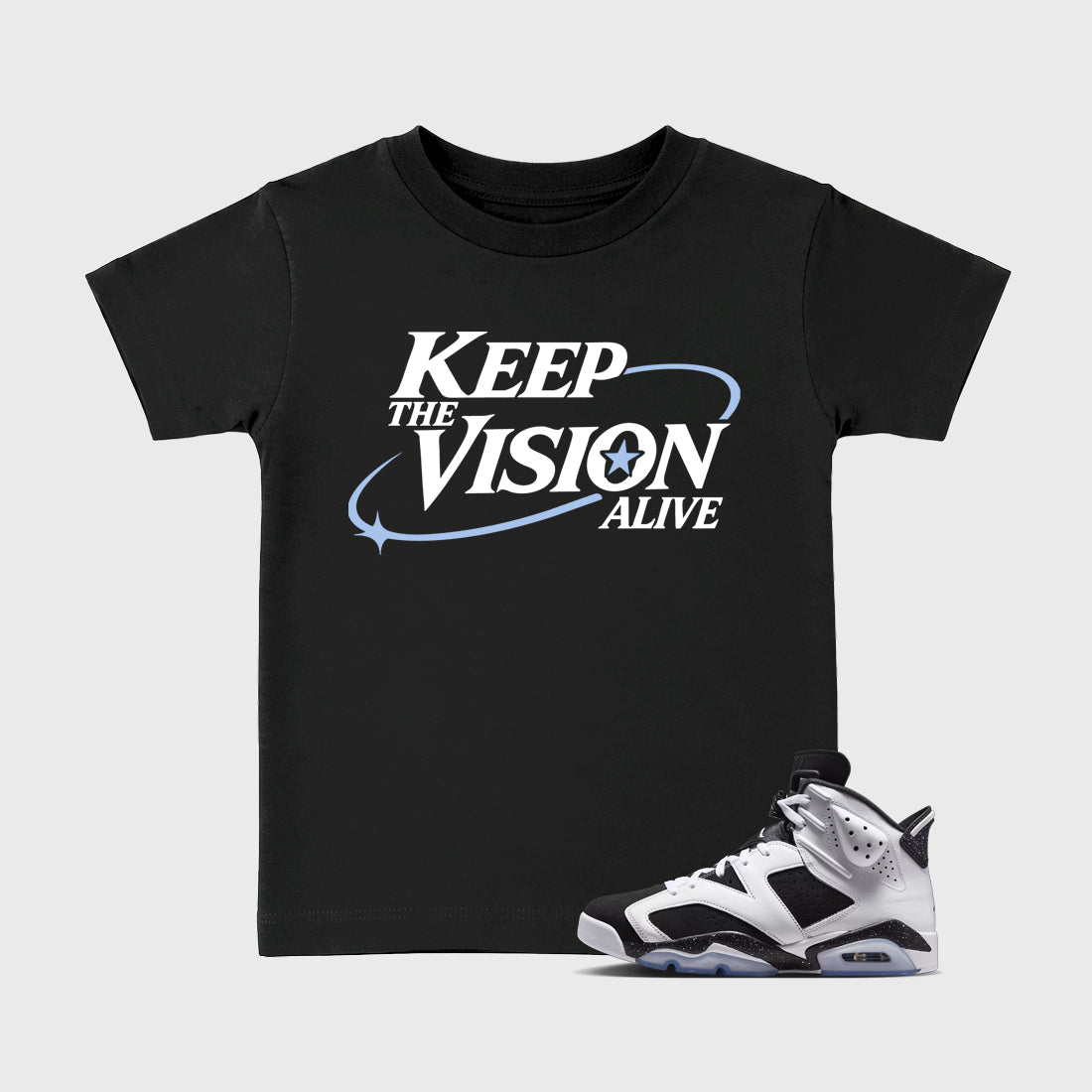 Keep The Vision Alive Baby & Kids Graphic T-Shirt featuring original artwork designed to match the Air Jordan 6 Black and White. Black 1 Kids Graphic Tee.