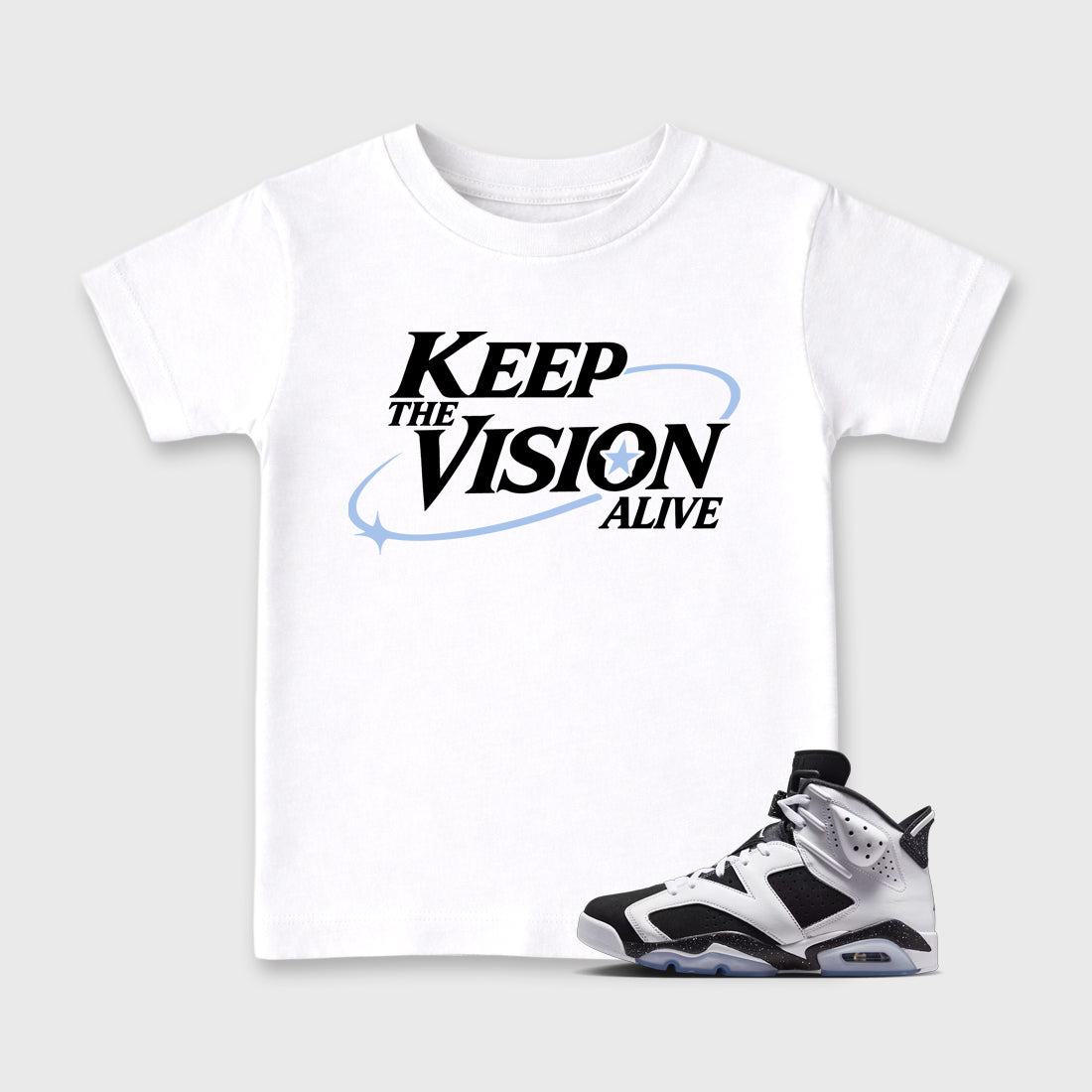 Keep The Vision Alive Baby & Kids Graphic T-Shirt featuring original artwork designed to match the Air Jordan 6 Black and White. White 1 Kids Graphic Tee.