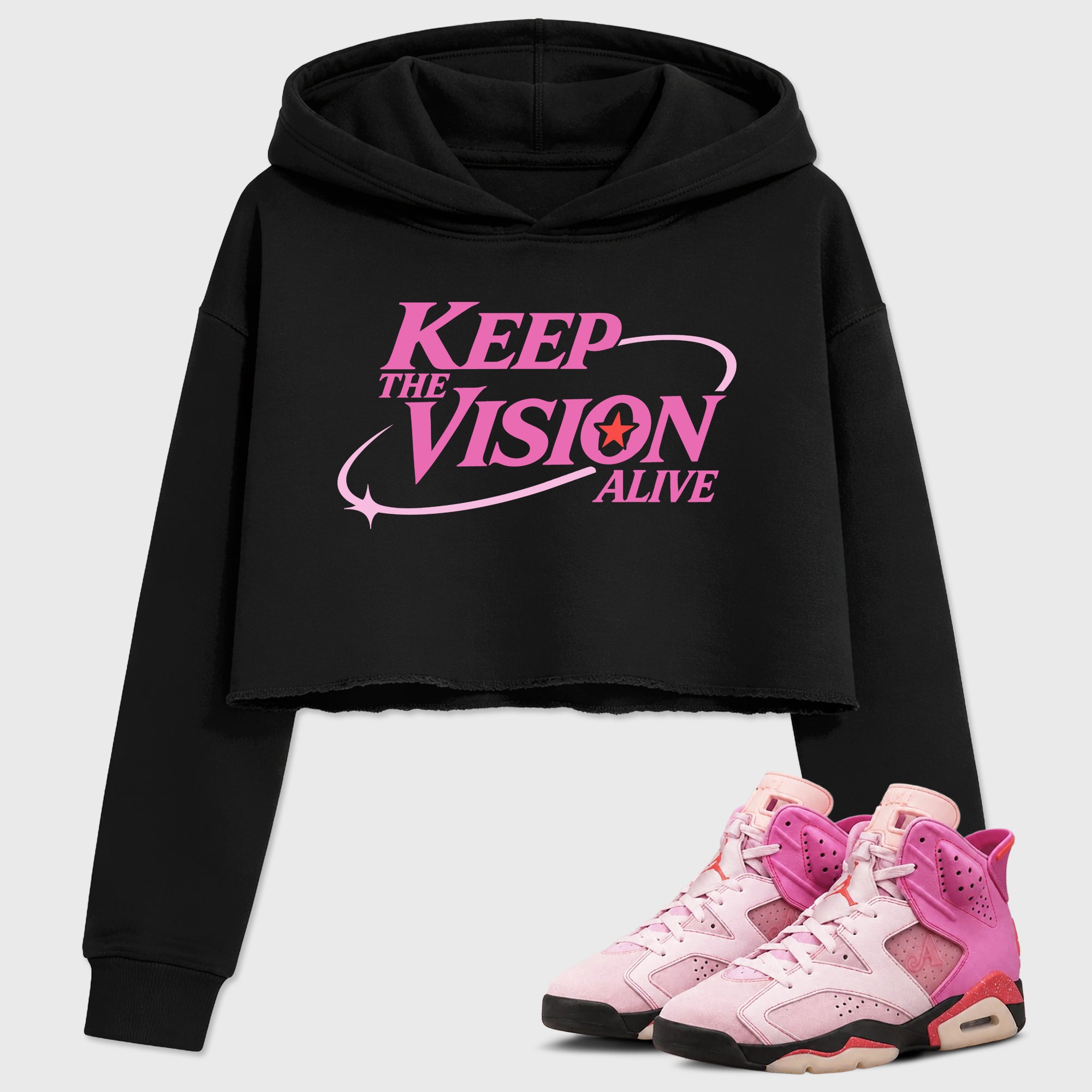 Keep The Vision Alive Women’s Graphic Crop Tee featuring original streetwear artwork designed to match the Air Jordan 6 Playful Pink. Black 1 Crop Tee.