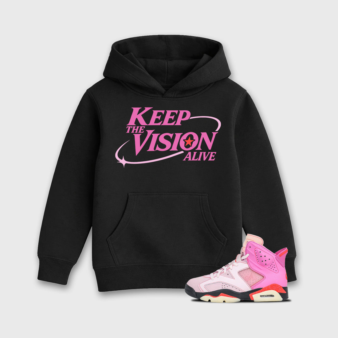 Keep The Vision Alive Baby & Kids Graphic Hoodie featuring original artwork designed to match the Air Jordan 6 Playful Pink. Black 1 Kids Graphic Sweater.