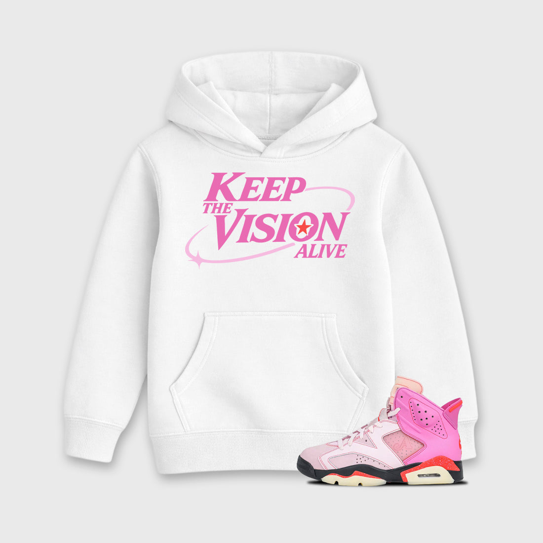 Keep The Vision Alive Baby & Kids Graphic Hoodie featuring original artwork designed to match the Air Jordan 6 Playful Pink. White 1 Kids Graphic Sweater.