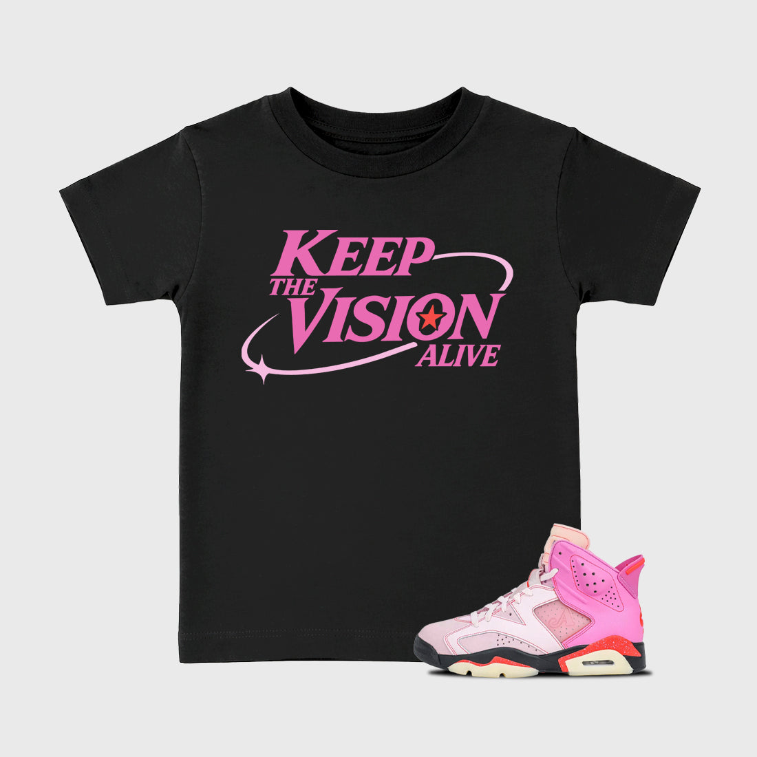 Keep The Vision Alive Baby & Kids Graphic T-Shirt featuring original artwork designed to match the Air Jordan 6 Playful Pink. Black 1 Kids Graphic Tee.