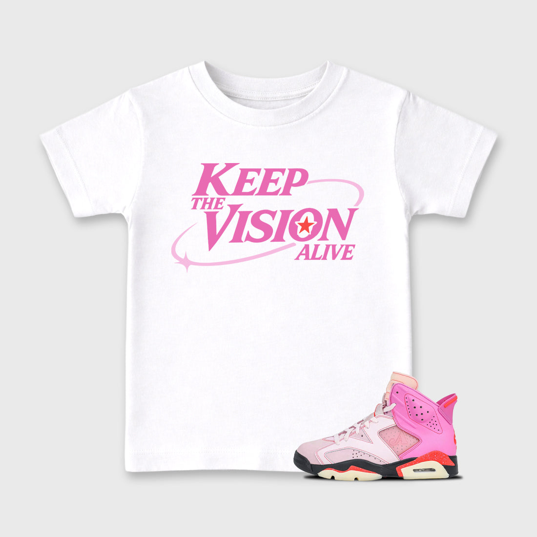 Keep The Vision Alive Baby & Kids Graphic T-Shirt featuring original artwork designed to match the Air Jordan 6 Playful Pink. White 1 Kids Graphic Tee.