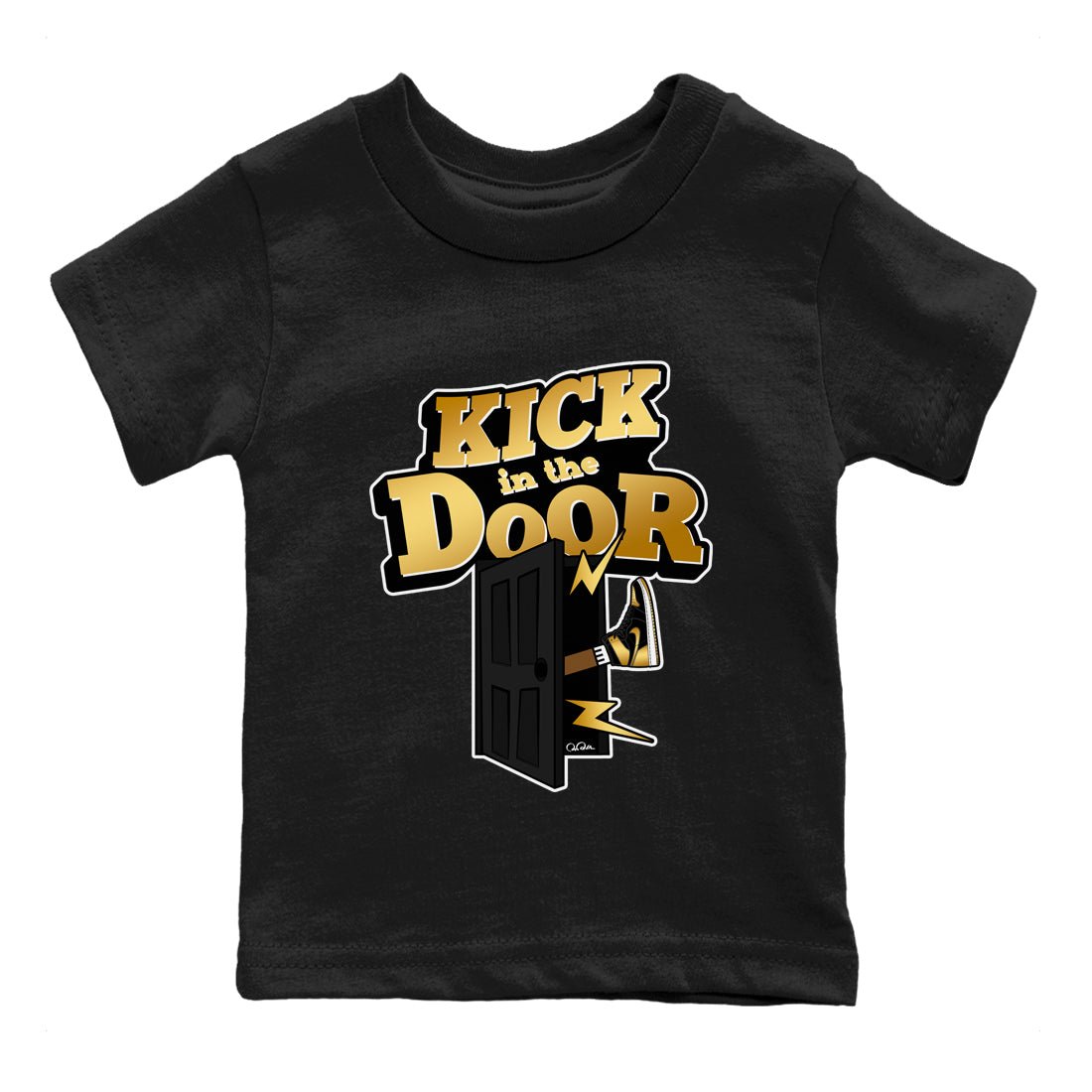 1s Black Metallic Gold shirts to match jordans Kick In The Door sneaker match tees Jordan 1 High OG Black and Gold SNRT Sneaker Tees streetwear brand Baby and Youth Black 2 cotton tee