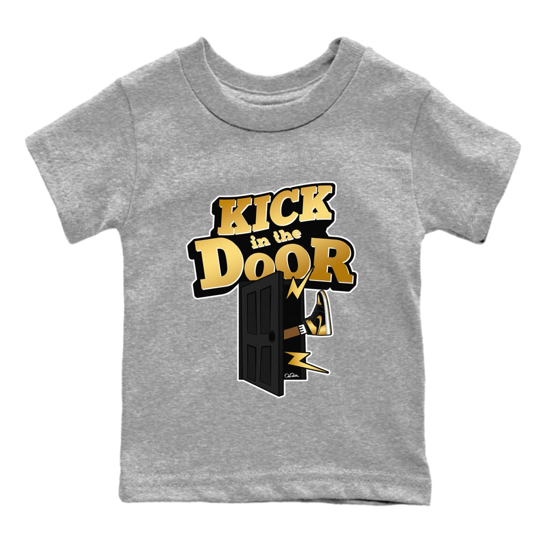 1s Black Metallic Gold shirts to match jordans Kick In The Door sneaker match tees Jordan 1 High OG Black and Gold SNRT Sneaker Tees streetwear brand Baby and Youth Heather Grey 2 cotton tee