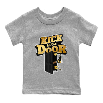 1s Black Metallic Gold shirts to match jordans Kick In The Door sneaker match tees Jordan 1 High OG Black and Gold SNRT Sneaker Tees streetwear brand Baby and Youth Heather Grey 2 cotton tee