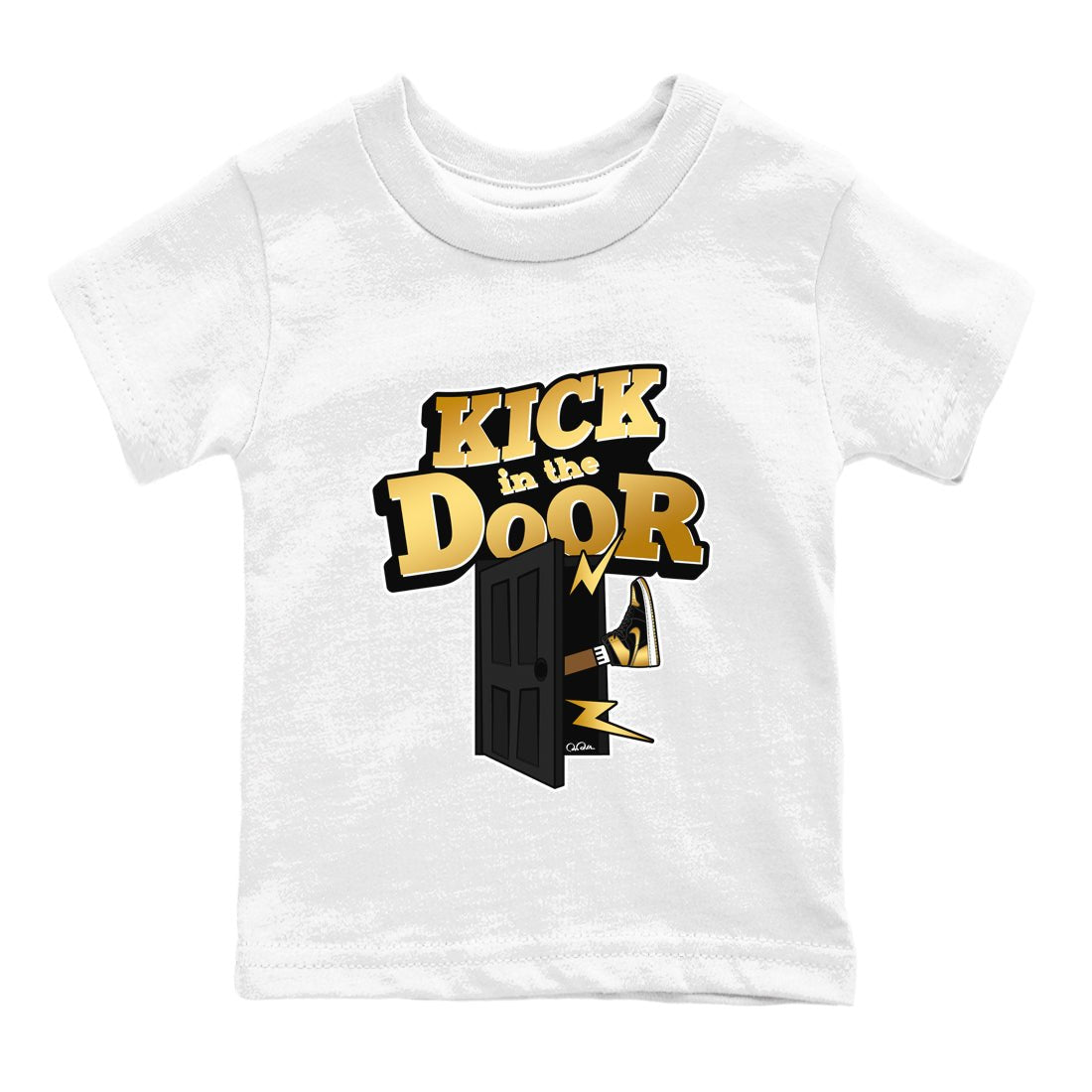 1s Black Metallic Gold shirts to match jordans Kick In The Door sneaker match tees Jordan 1 High OG Black and Gold SNRT Sneaker Tees streetwear brand Baby and Youth White 2 cotton tee