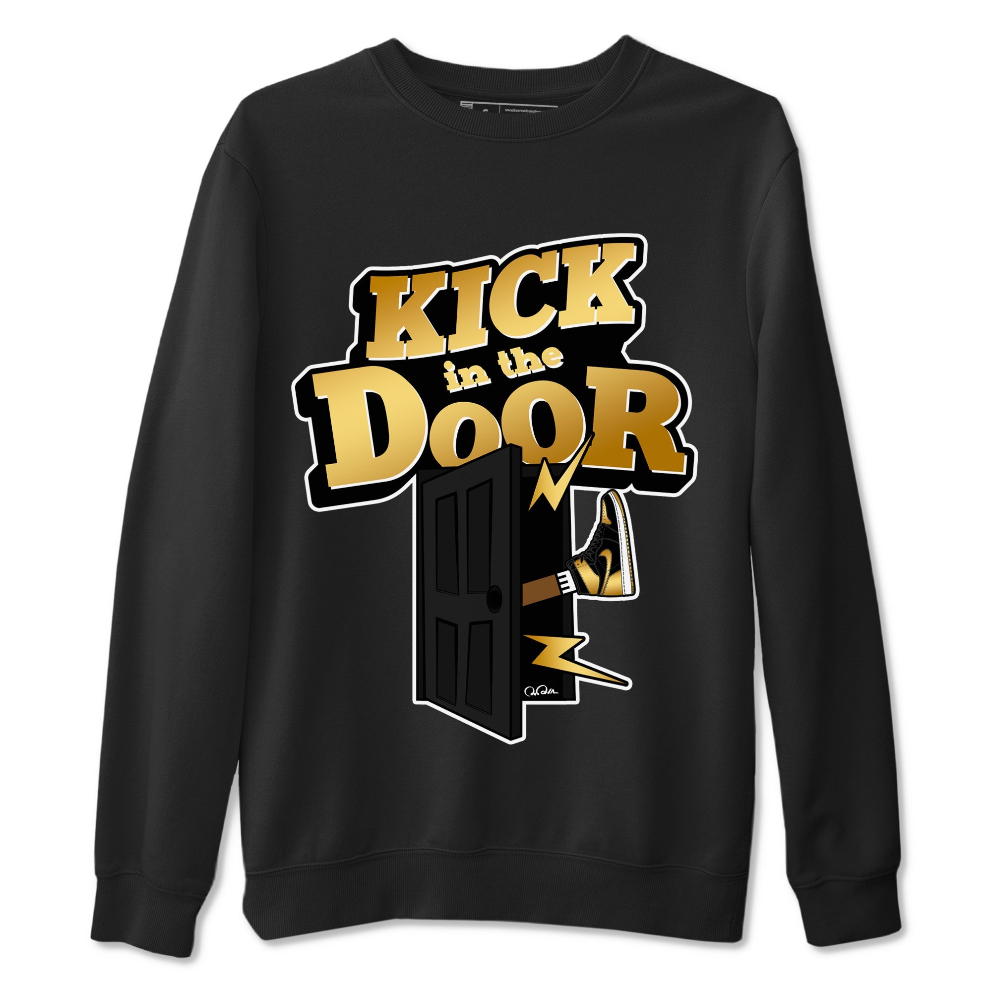 1s Black Metallic Gold shirts to match jordans Kick In The Door sneaker match tees Jordan 1 High OG Black and Gold SNRT Sneaker Tees streetwear brand Black 2 unisex cotton tee