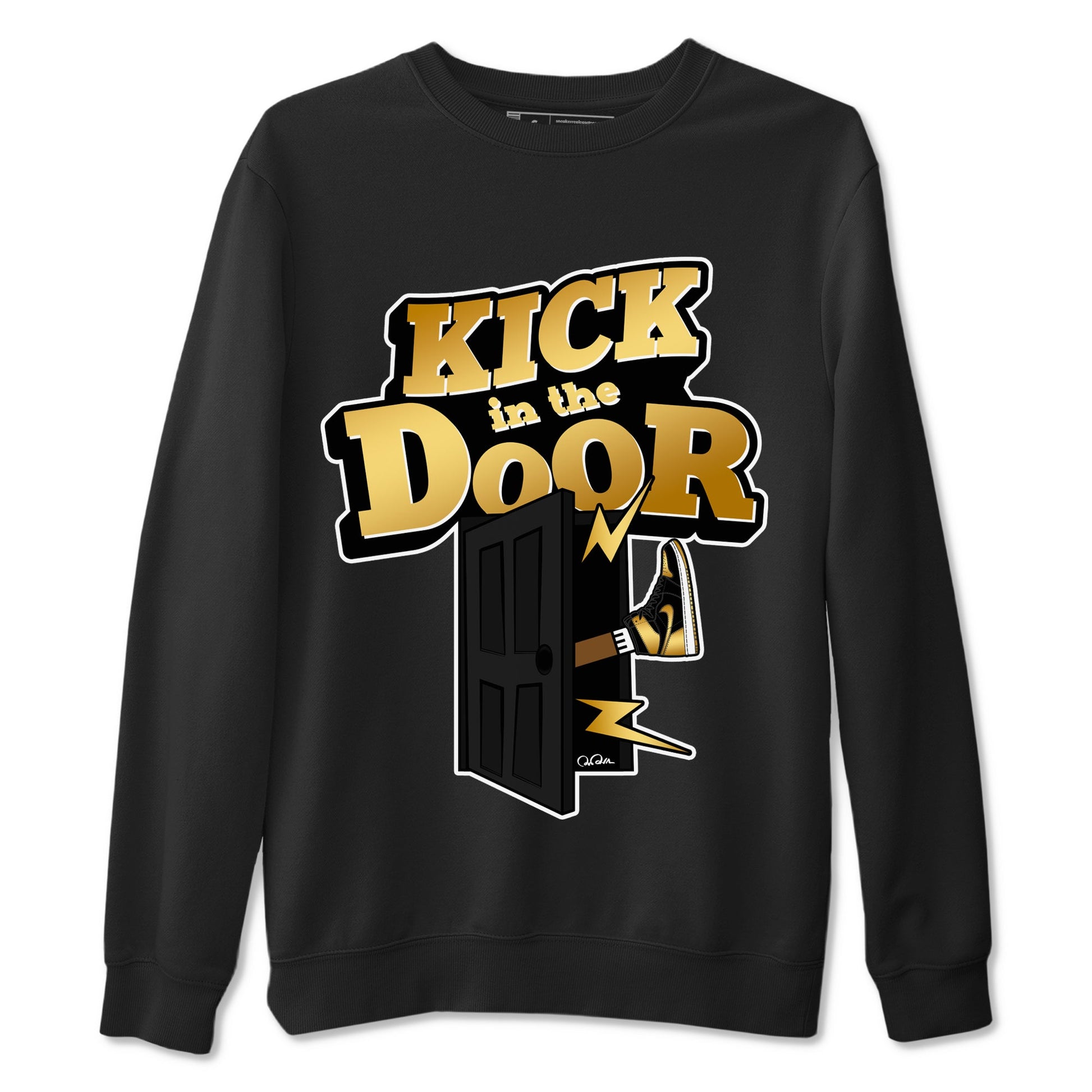 1s Black Metallic Gold shirts to match jordans Kick In The Door sneaker match tees Jordan 1 High OG Black and Gold SNRT Sneaker Tees streetwear brand Black 2 unisex cotton tee