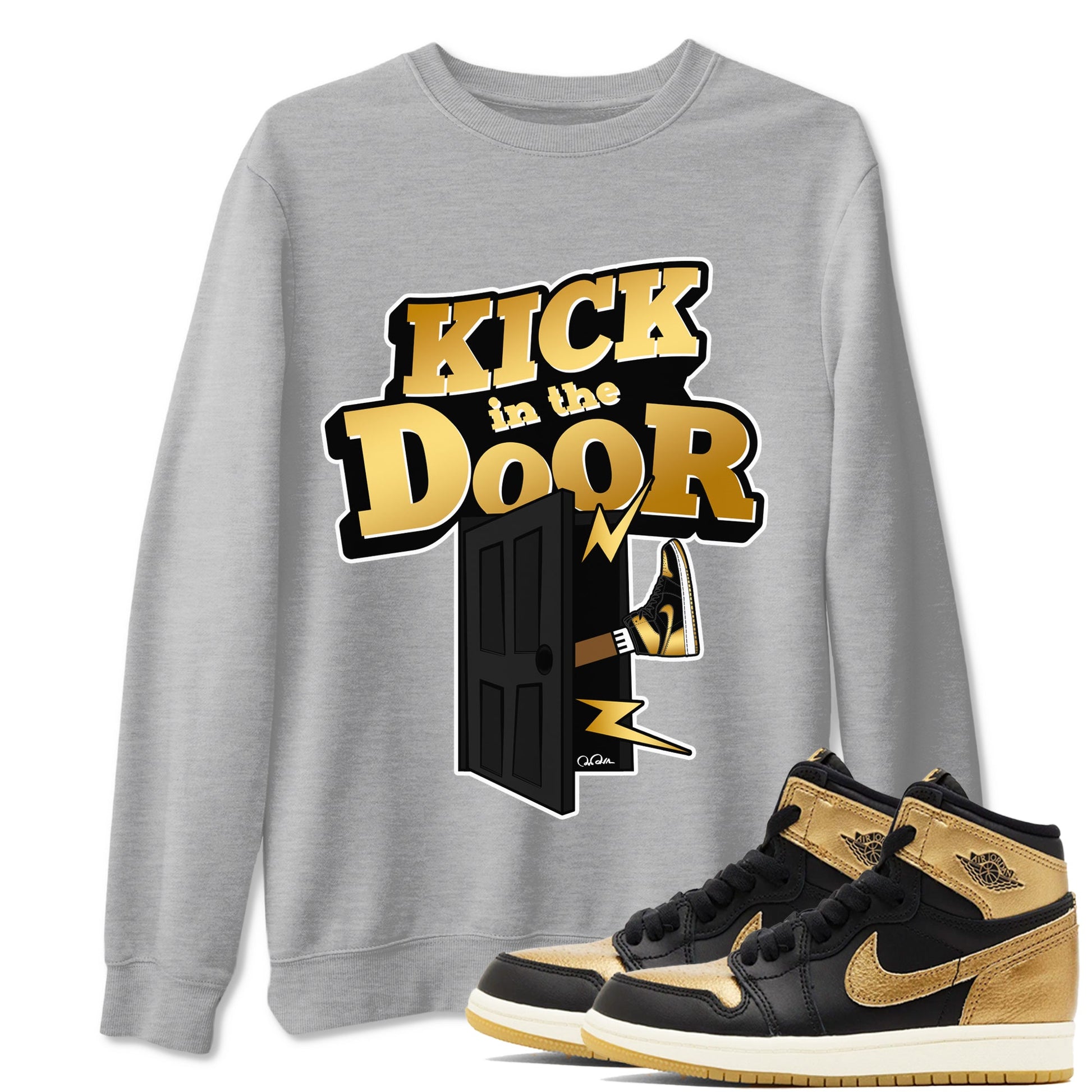 1s Black Metallic Gold shirts to match jordans Kick In The Door sneaker match tees Jordan 1 High OG Black and Gold SNRT Sneaker Tees streetwear brand Heather Grey 1 unisex cotton tee