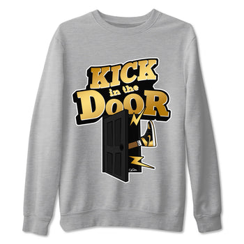 1s Black Metallic Gold shirts to match jordans Kick In The Door sneaker match tees Jordan 1 High OG Black and Gold SNRT Sneaker Tees streetwear brand Heather Grey 2 unisex cotton tee