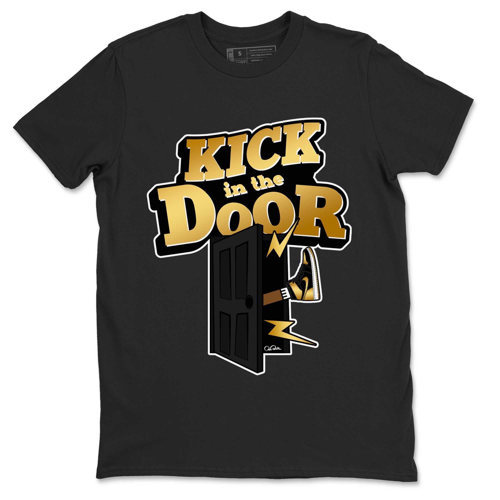 1s Black Metallic Gold shirts to match jordans Kick In The Door sneaker match tees Jordan 1 High OG Black and Gold SNRT Sneaker Tees streetwear brand Black 2 unisex cotton tee