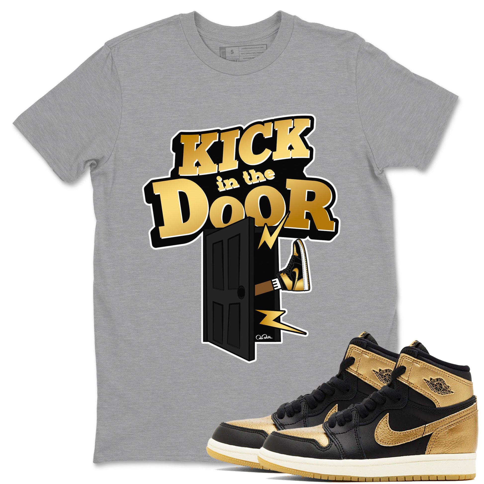 1s Black Metallic Gold shirts to match jordans Kick In The Door sneaker match tees Jordan 1 High OG Black and Gold SNRT Sneaker Tees streetwear brand Heather Grey 1 unisex cotton tee