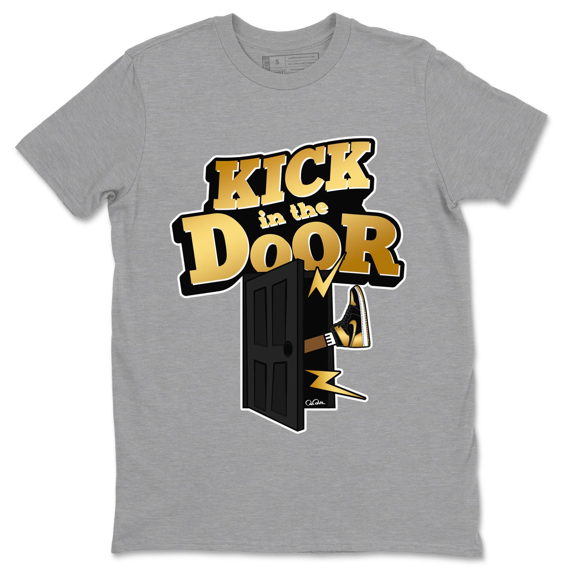1s Black Metallic Gold shirts to match jordans Kick In The Door sneaker match tees Jordan 1 High OG Black and Gold SNRT Sneaker Tees streetwear brand Heather Grey 2 unisex cotton tee