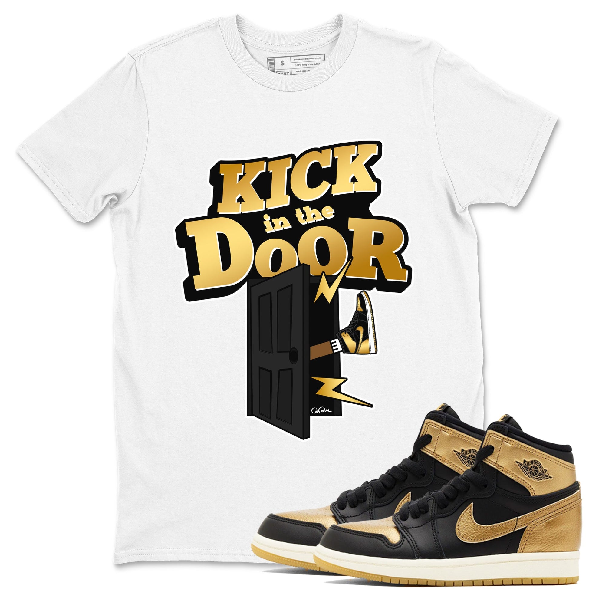 1s Black Metallic Gold shirts to match jordans Kick In The Door sneaker match tees Jordan 1 High OG Black and Gold SNRT Sneaker Tees streetwear brand White 1 unisex cotton tee