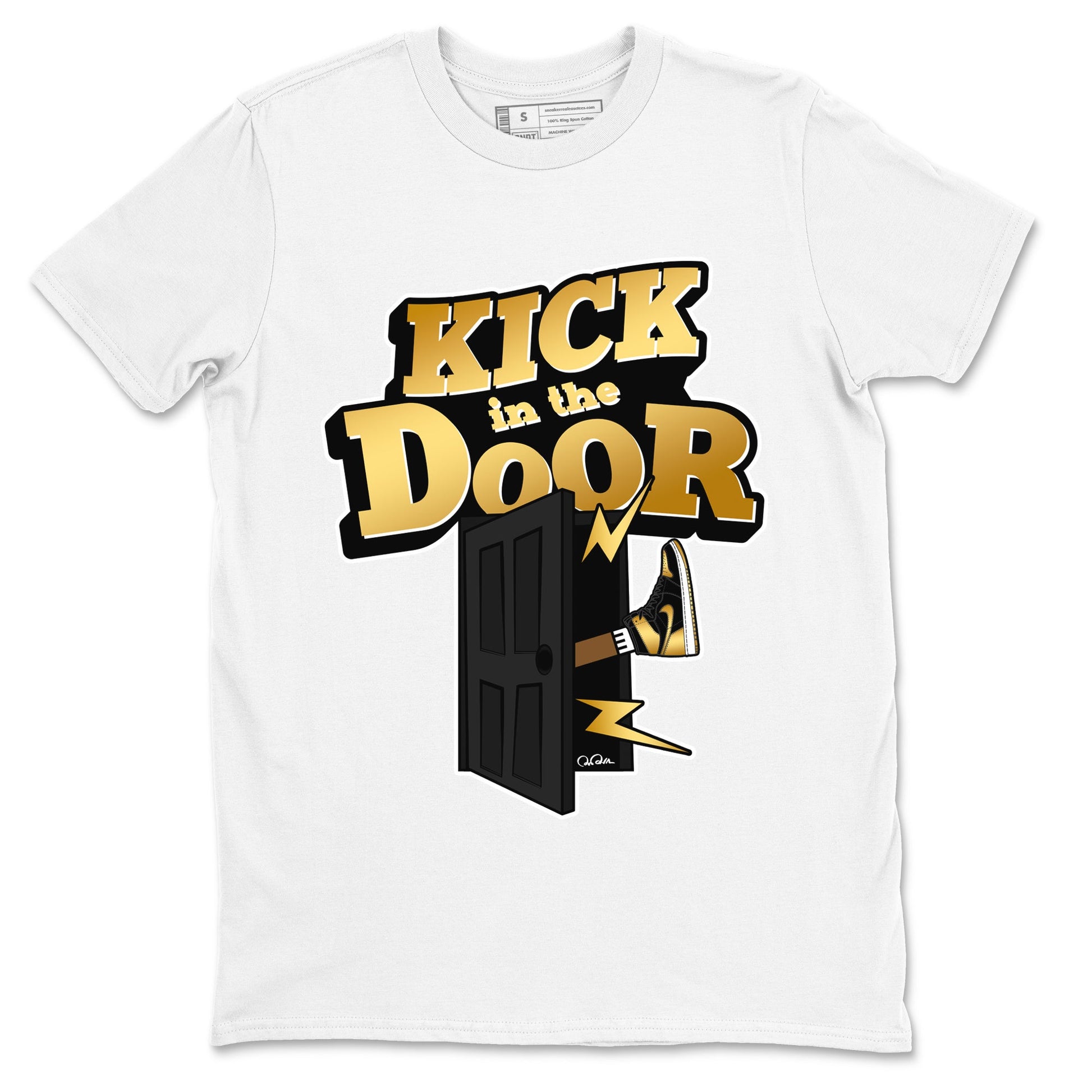 1s Black Metallic Gold shirts to match jordans Kick In The Door sneaker match tees Jordan 1 High OG Black and Gold SNRT Sneaker Tees streetwear brand White 2 unisex cotton tee