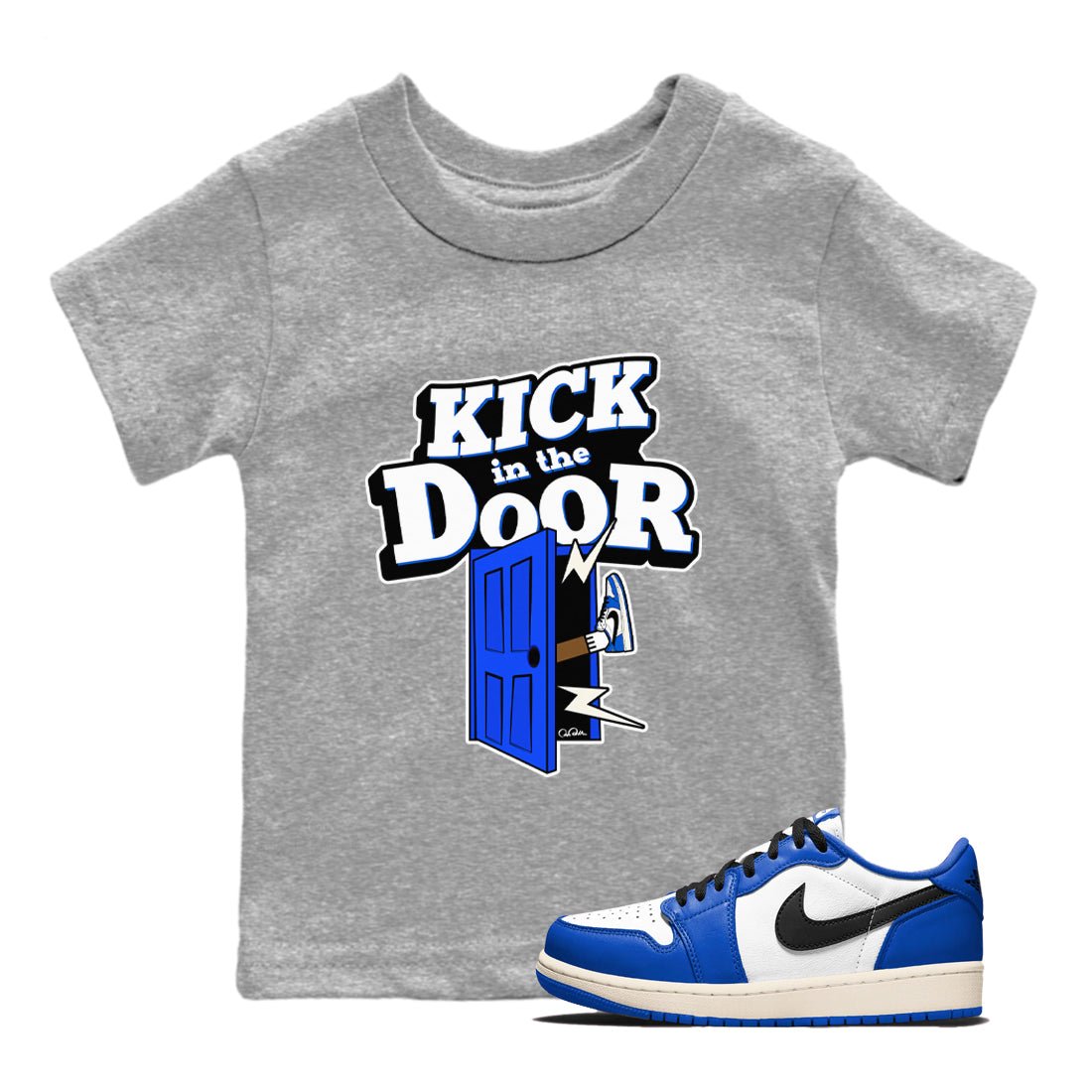 AJ1 Game Royal shirt to match jordans Kick In The Door sneaker tees Air Jordan 1 Game Royal SNRT sneaker release tees baby toddler Heather Grey 1 cotton Shirt