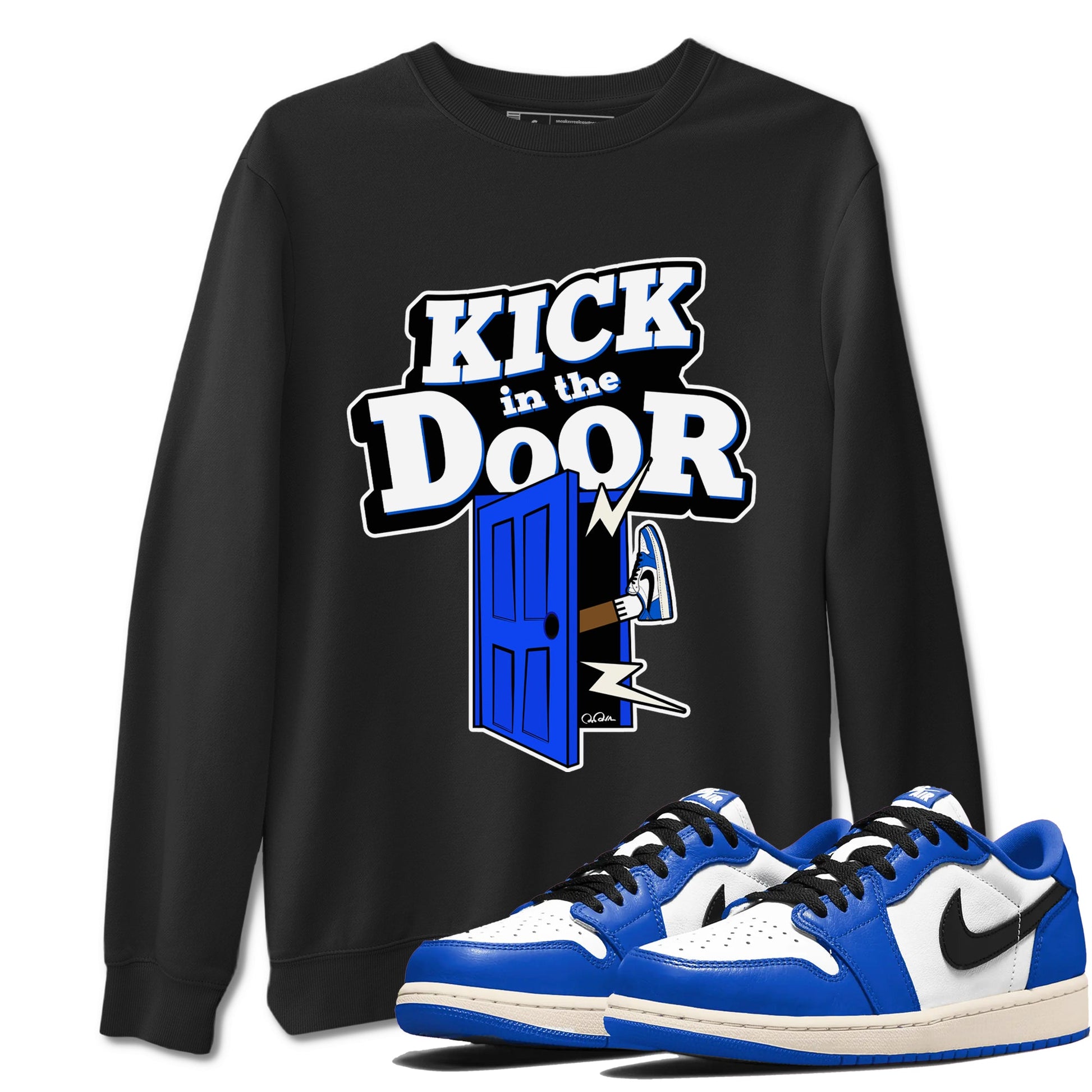 AJ1 Game Royal shirt to match jordans Kick In The Door sneaker tees Air Jordan 1 Game Royal SNRT Sneaker Release Tees unisex cotton Black 1 crew neck shirt
