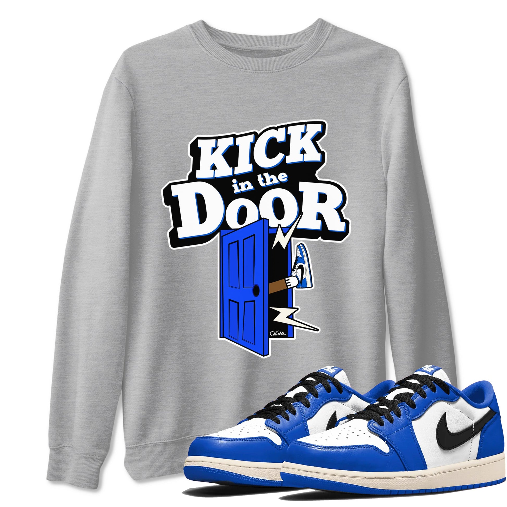 AJ1 Game Royal shirt to match jordans Kick In The Door sneaker tees Air Jordan 1 Game Royal SNRT Sneaker Release Tees unisex cotton Heather Grey 1 crew neck shirt