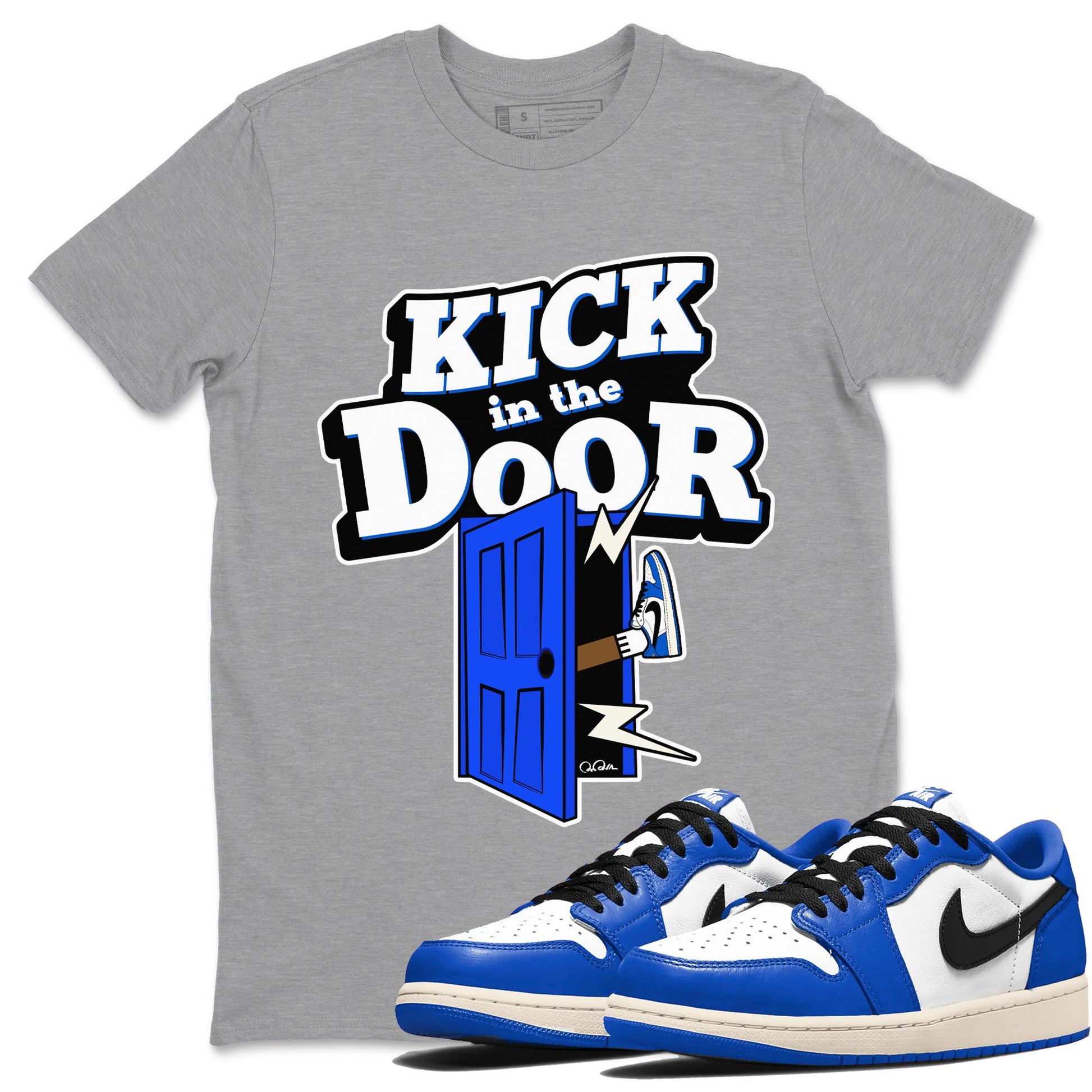 AJ1 Game Royal shirt to match jordans Kick In The Door sneaker tees Air Jordan 1 Game Royal SNRT Sneaker Release Tees unisex cotton Heather Grey 1 crew neck shirt