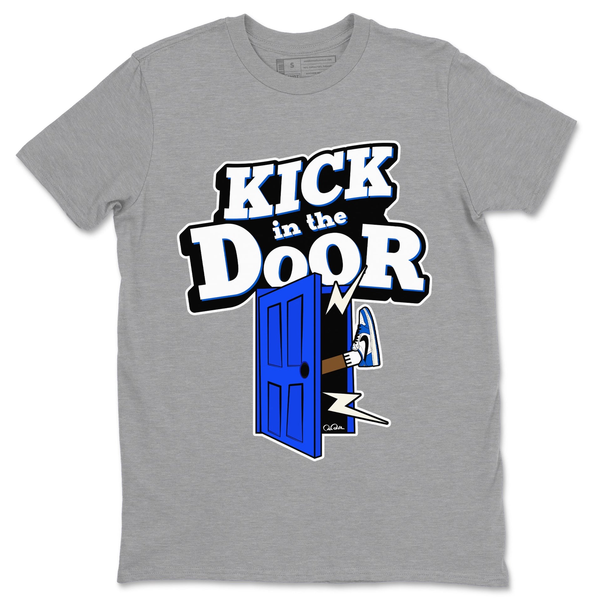 AJ1 Game Royal shirt to match jordans Kick In The Door sneaker tees Air Jordan 1 Game Royal SNRT Sneaker Release Tees unisex cotton Heather Grey 2 crew neck shirt
