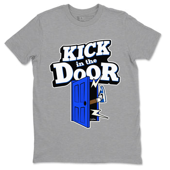 AJ1 Game Royal shirt to match jordans Kick In The Door sneaker tees Air Jordan 1 Game Royal SNRT Sneaker Release Tees unisex cotton Heather Grey 2 crew neck shirt
