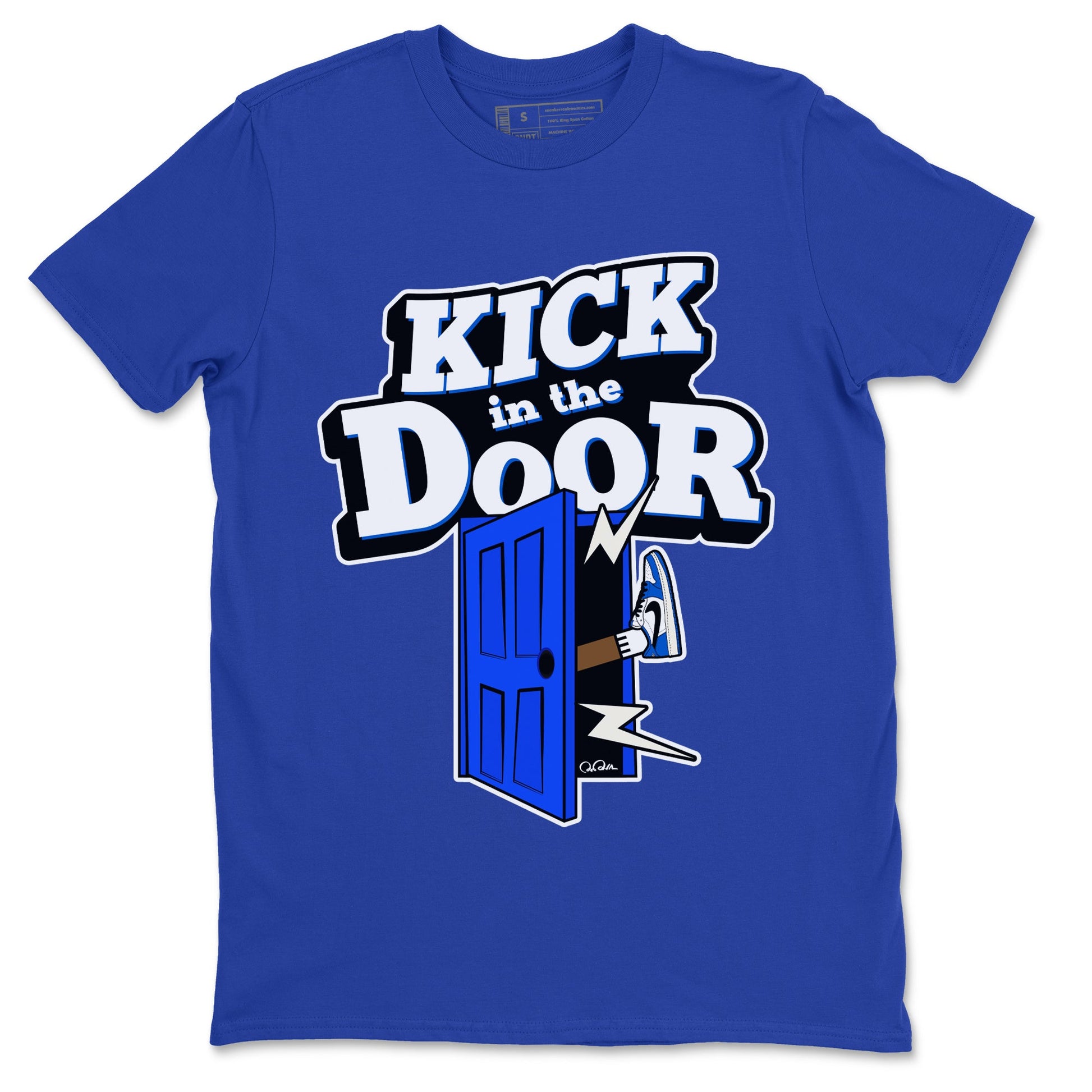 AJ1 Game Royal shirt to match jordans Kick In The Door sneaker tees Air Jordan 1 Game Royal SNRT Sneaker Release Tees unisex cotton Royal Blue 2 crew neck shirt