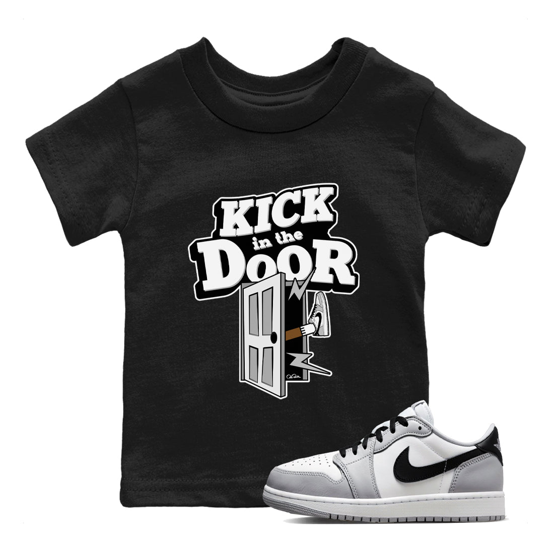 1s Wolf Grey shirts to match jordans Kick In The Door sneaker match tees Air Jordan 1 Wolf Grey SNRT Sneaker Tees streetwear brand Baby and Youth Black 1 cotton tee