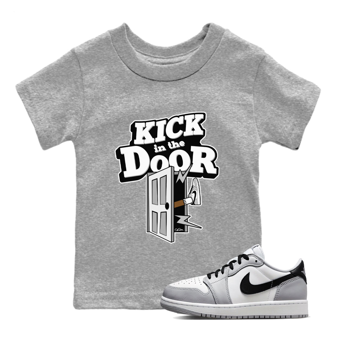 1s Wolf Grey shirts to match jordans Kick In The Door sneaker match tees Air Jordan 1 Wolf Grey SNRT Sneaker Tees streetwear brand Baby and Youth Heather Grey 1 cotton tee