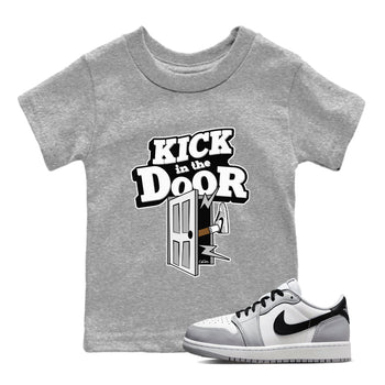1s Wolf Grey shirts to match jordans Kick In The Door sneaker match tees Air Jordan 1 Wolf Grey SNRT Sneaker Tees streetwear brand Baby and Youth Heather Grey 1 cotton tee