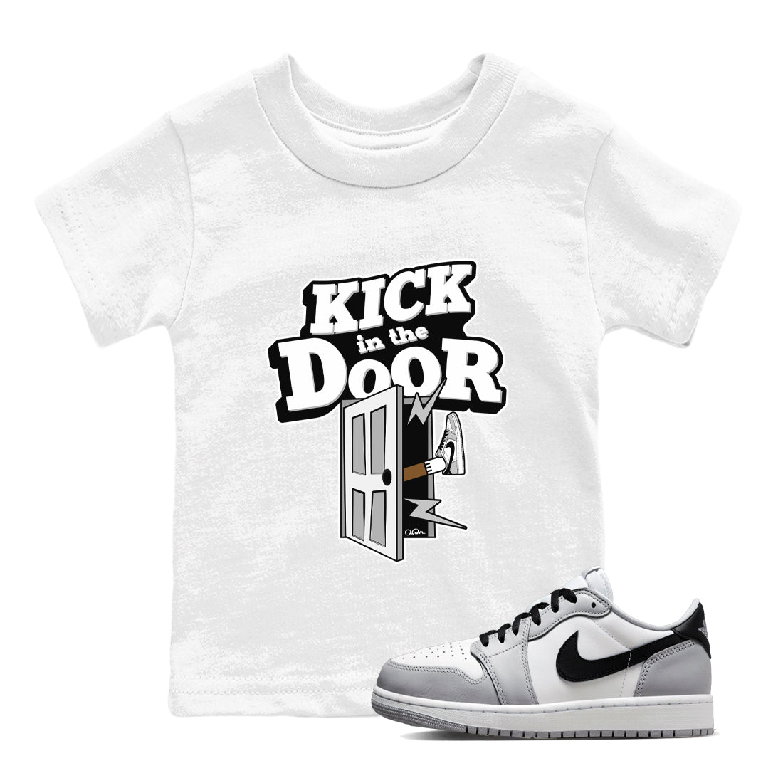 1s Wolf Grey shirts to match jordans Kick In The Door sneaker match tees Air Jordan 1 Wolf Grey SNRT Sneaker Tees streetwear brand Baby and Youth White 1 cotton tee