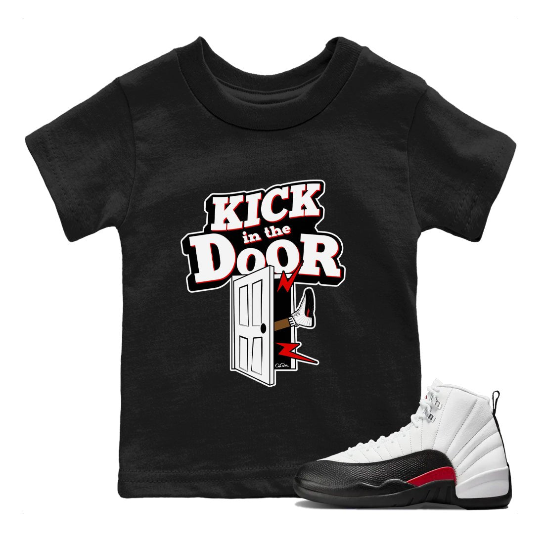 12s Taxi Flip shirts to match jordans Kick In The Door sneaker match tees Air Jordan 12 Taxi Flip SNRT Sneaker Tees streetwear brand Baby and Youth Black 1 cotton tee