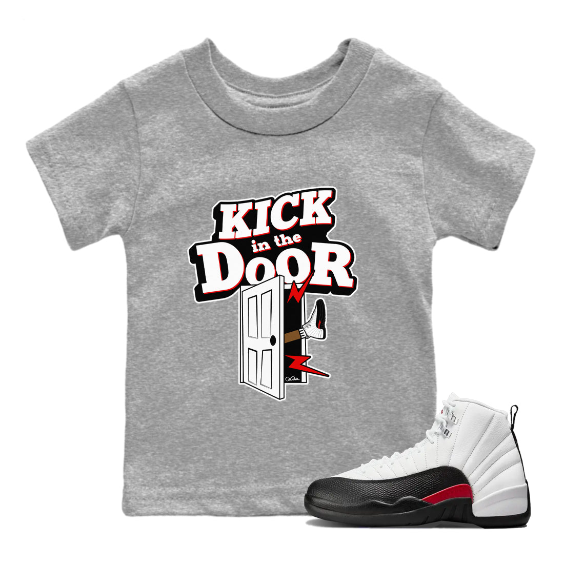 12s Taxi Flip shirts to match jordans Kick In The Door sneaker match tees Air Jordan 12 Taxi Flip SNRT Sneaker Tees streetwear brand Baby and Youth Heather Grey 1 cotton tee