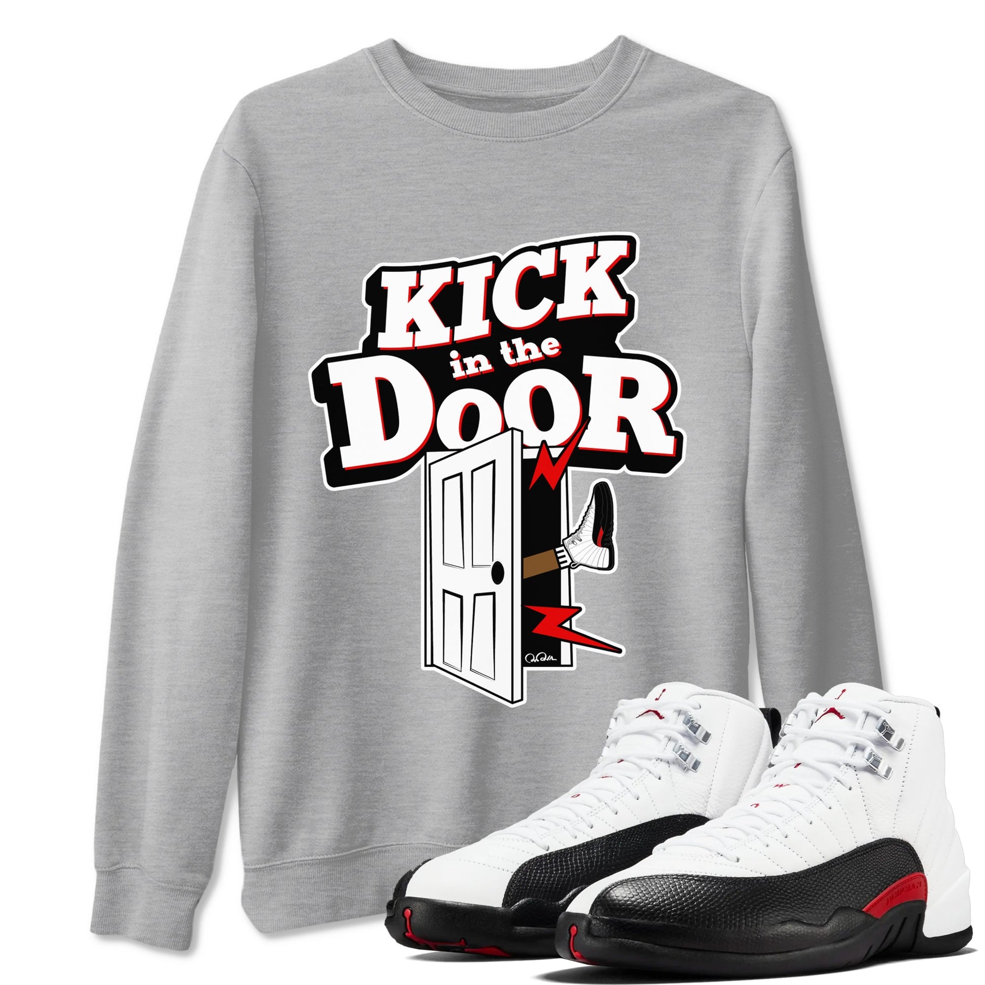 12s Taxi Flip shirts to match jordans Kick In The Door sneaker match tees Air Jordan 12 Taxi Flip SNRT Sneaker Tees streetwear brand Heather Grey 1 unisex cotton tee