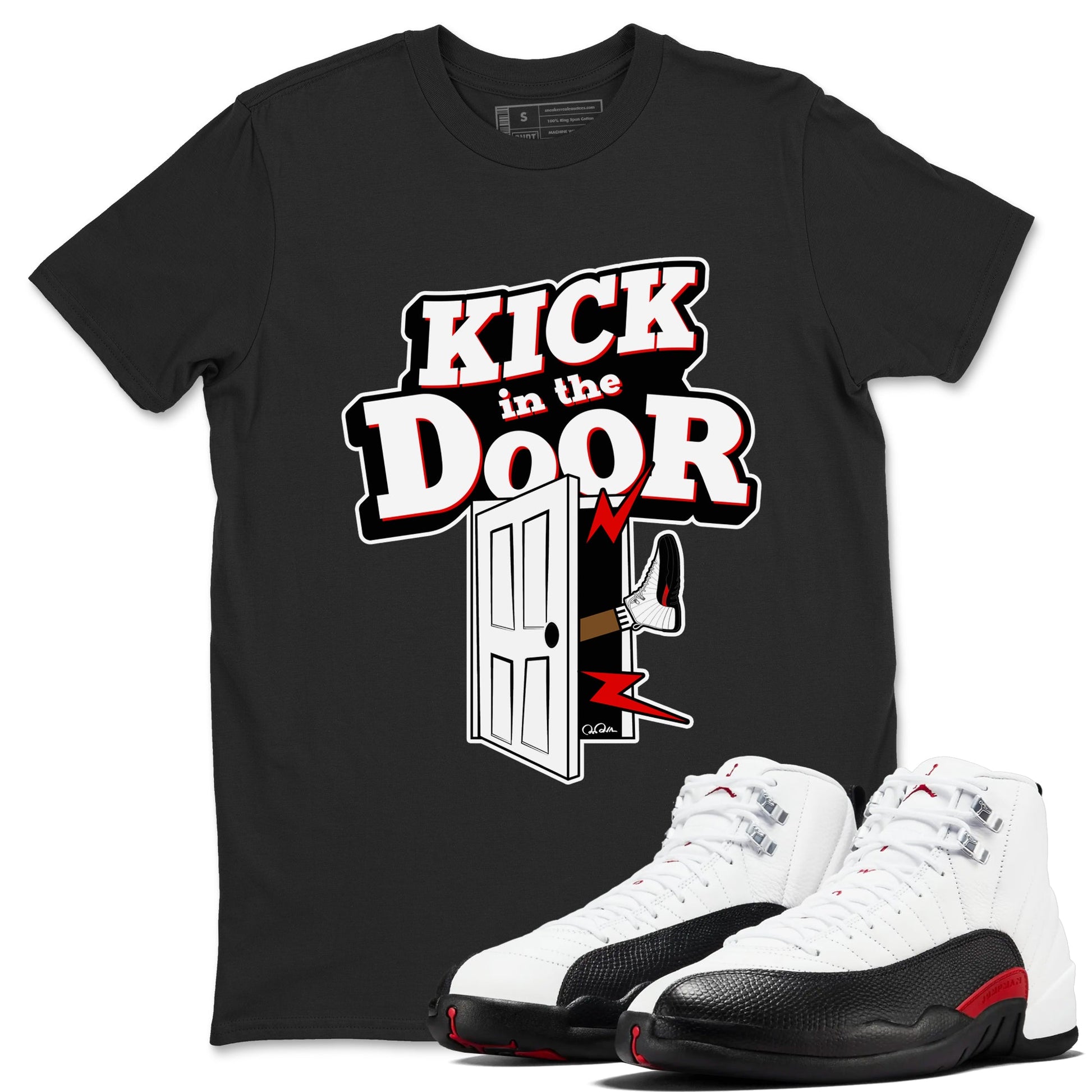 12s Taxi Flip shirts to match jordans Kick In The Door sneaker match tees Air Jordan 12 Taxi Flip SNRT Sneaker Tees streetwear brand Black 1 unisex cotton tee