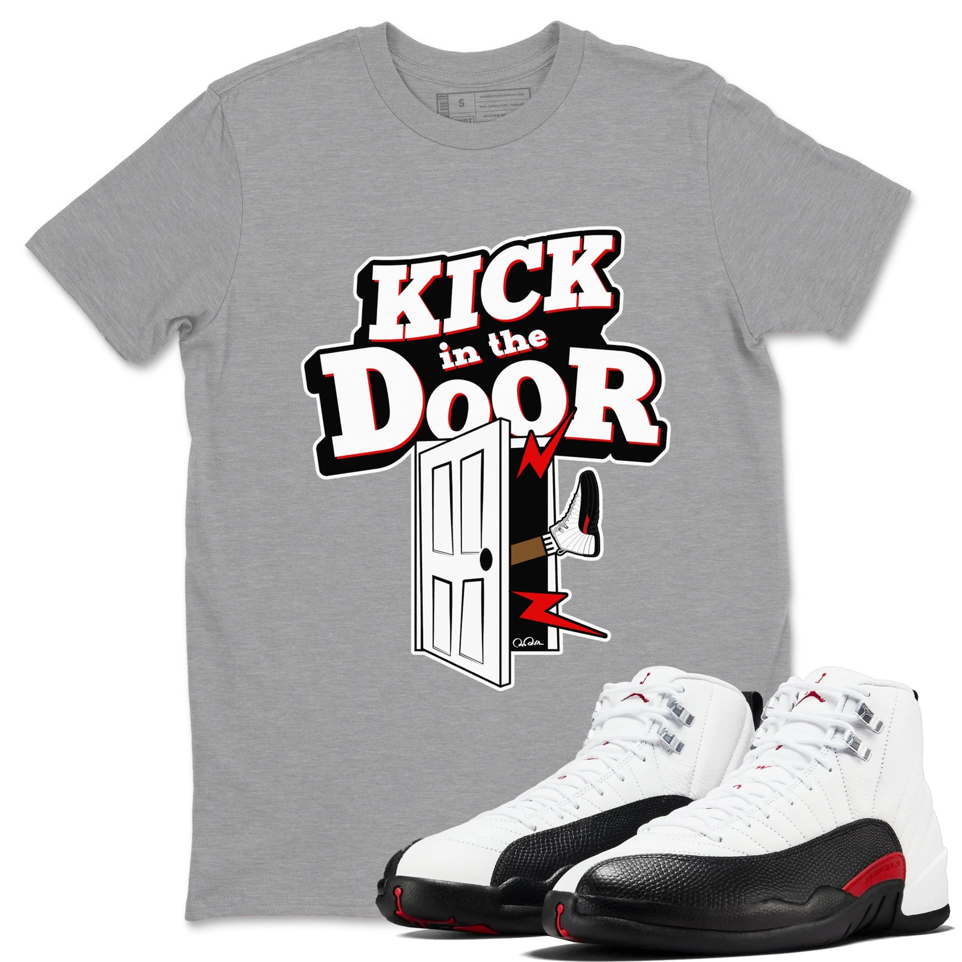 12s Taxi Flip shirts to match jordans Kick In The Door sneaker match tees Air Jordan 12 Taxi Flip SNRT Sneaker Tees streetwear brand Heather Grey 1 unisex cotton tee