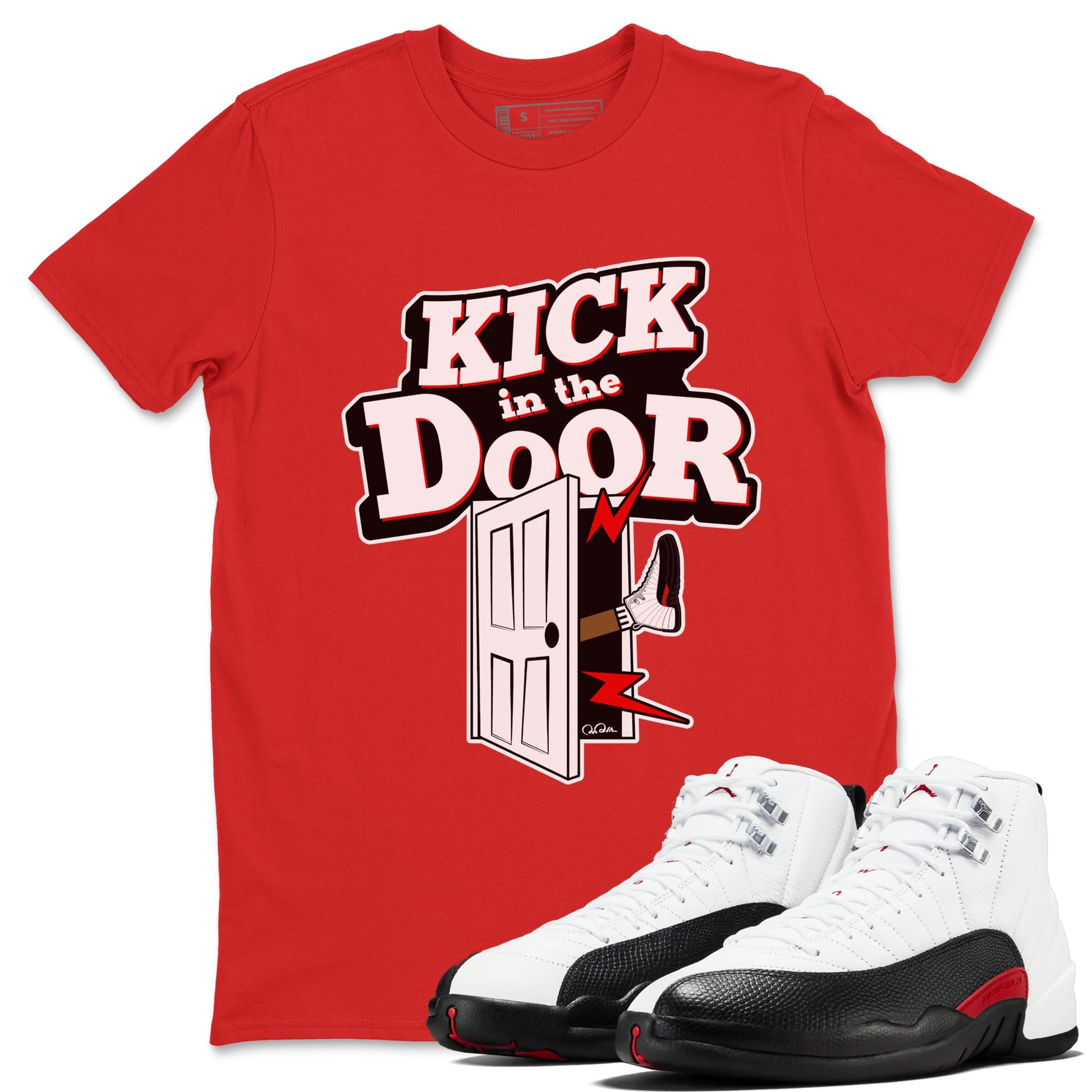 12s Taxi Flip shirts to match jordans Kick In The Door sneaker match tees Air Jordan 12 Taxi Flip SNRT Sneaker Tees streetwear brand Red 1 unisex cotton tee