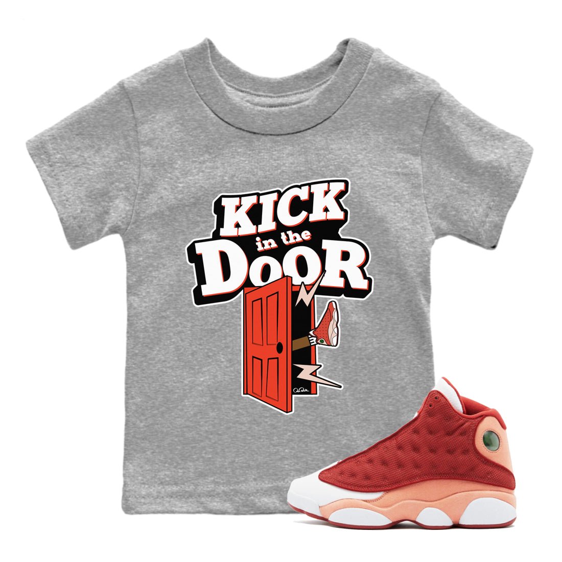 13s Dune Red shirts to match jordans Kick In The Door sneaker match tees Air Jordan 13 Dune Red SNRT Sneaker Tees streetwear brand Baby and Youth Heather Grey 1 cotton tee