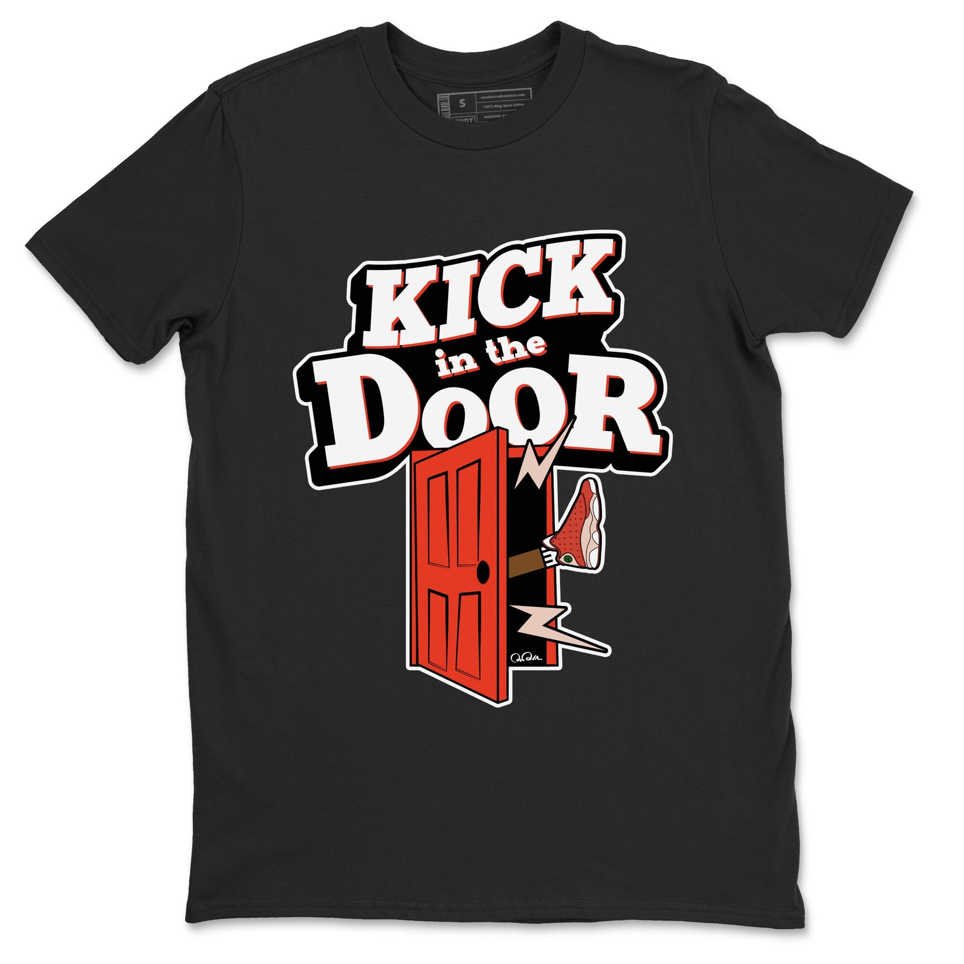 13s Dune Red shirts to match jordans Kick In The Door sneaker match tees Air Jordan 13 Dune Red SNRT Sneaker Tees streetwear brand Black 2 unisex cotton tee