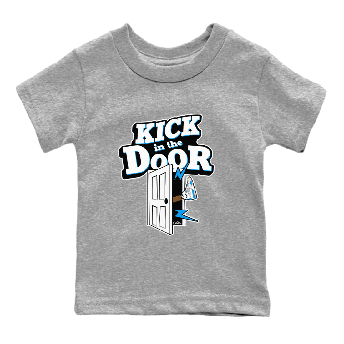 Air Jordan 4 Industrial Blue shirt to match jordans Kick In The Door sneaker tees Air Jordan 4 Military Blue SNRT sneaker release tees baby toddler Heather Grey 2 cotton Shirt
