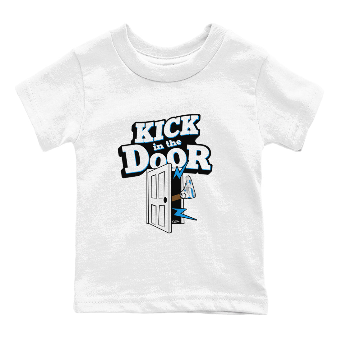 Air Jordan 4 Industrial Blue shirt to match jordans Kick In The Door sneaker tees Air Jordan 4 Military Blue SNRT sneaker release tees baby toddler White 2 cotton Shirt