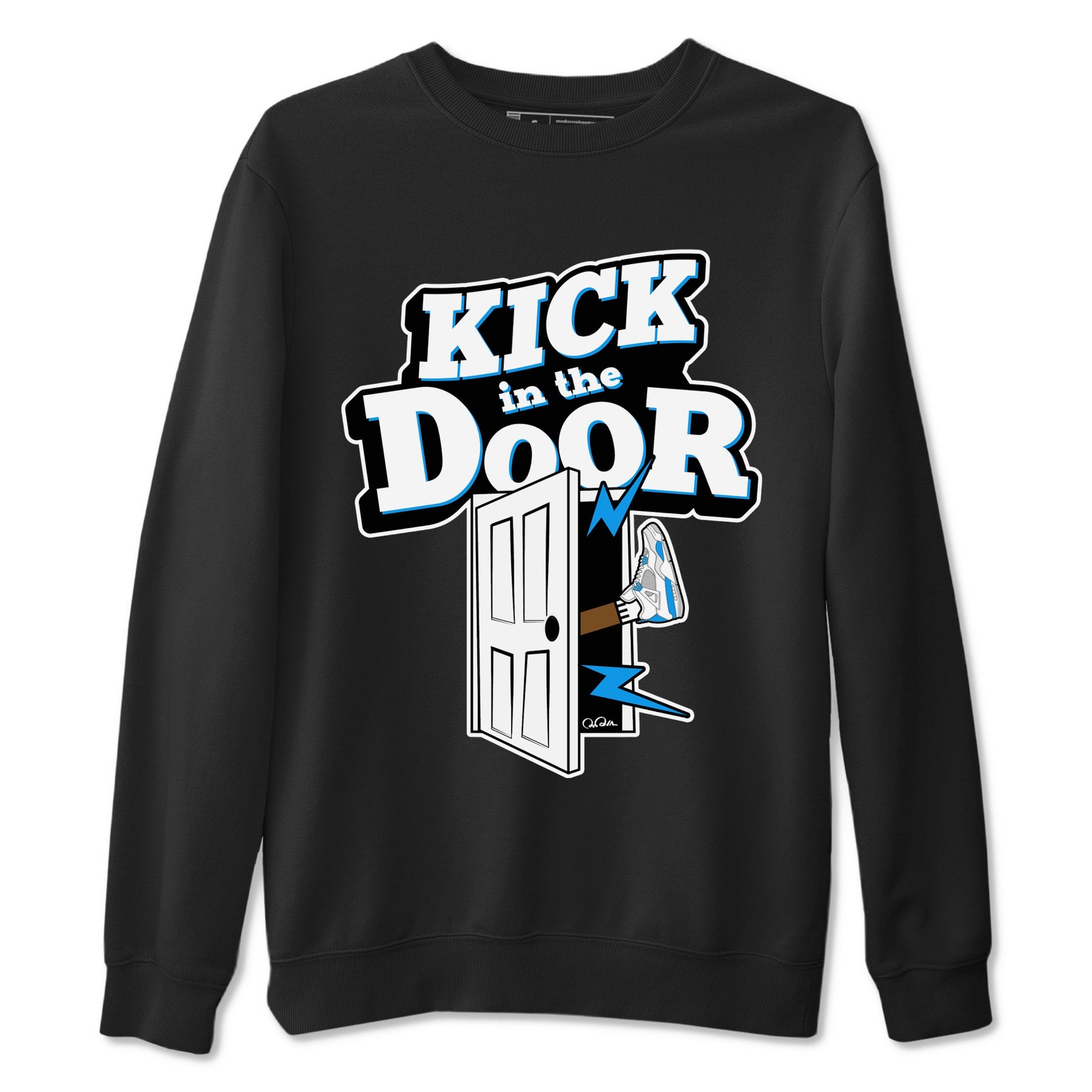 Air Jordan 4 Industrial Blue shirt to match jordans Kick In The Door sneaker tees Air Jordan 4 Military Blue SNRT Sneaker Release Tees unisex cotton Black 2 crew neck shirt
