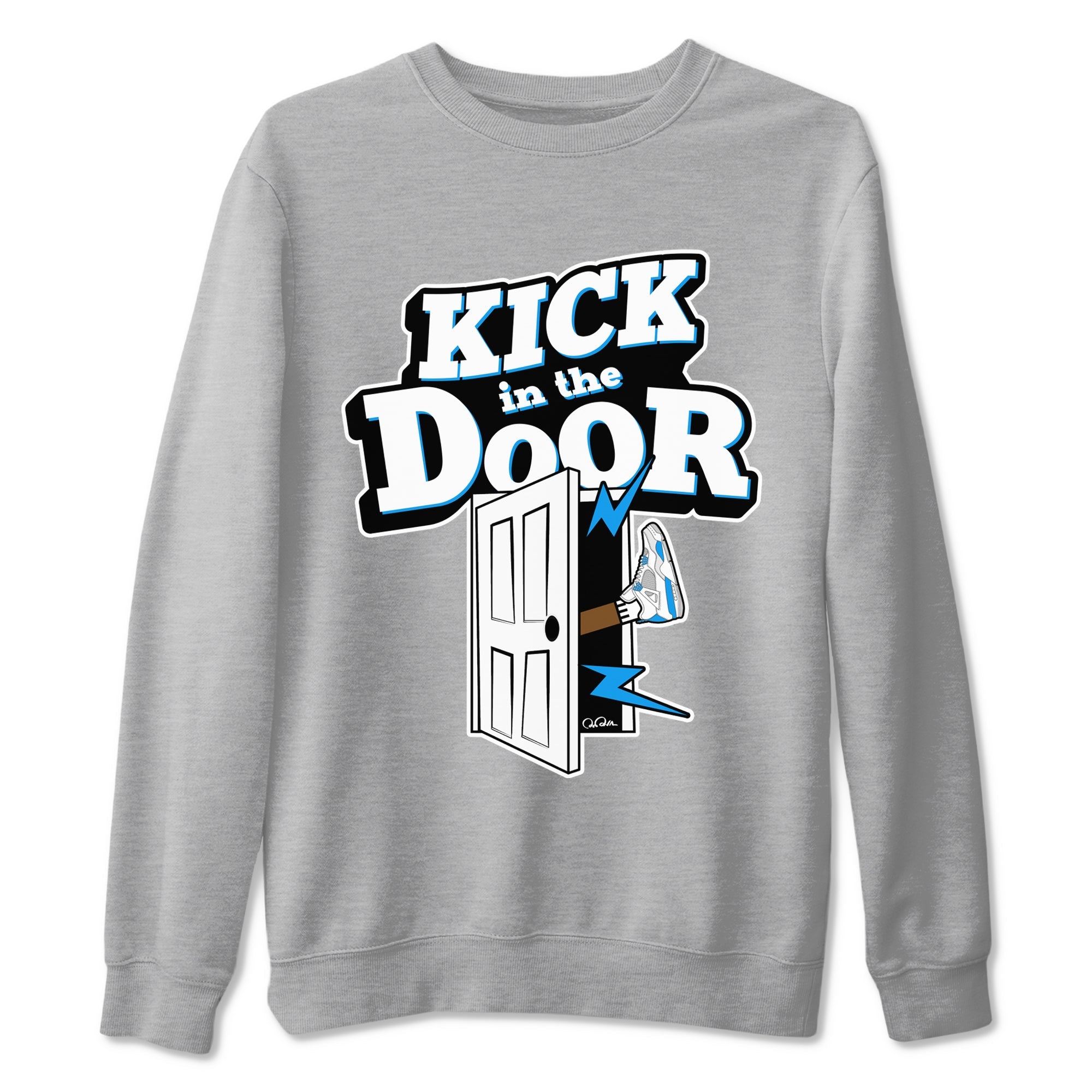 Air Jordan 4 Industrial Blue shirt to match jordans Kick In The Door sneaker tees Air Jordan 4 Military Blue SNRT Sneaker Release Tees unisex cotton Heather Grey 2 crew neck shirt