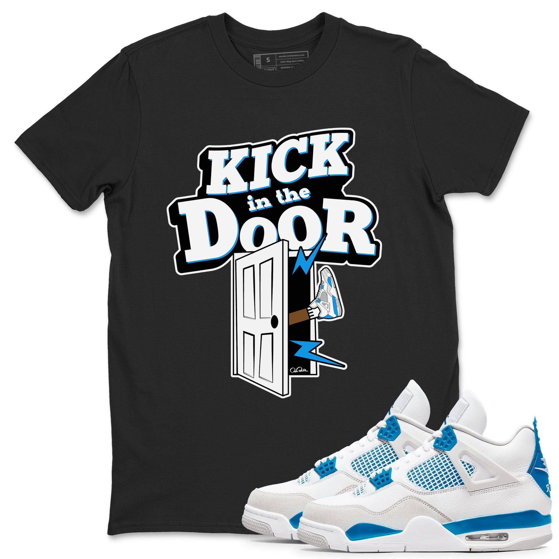 Air Jordan 4 Industrial Blue shirt to match jordans Kick In The Door sneaker tees Air Jordan 4 Military Blue SNRT Sneaker Release Tees unisex cotton Black 1 crew neck shirt