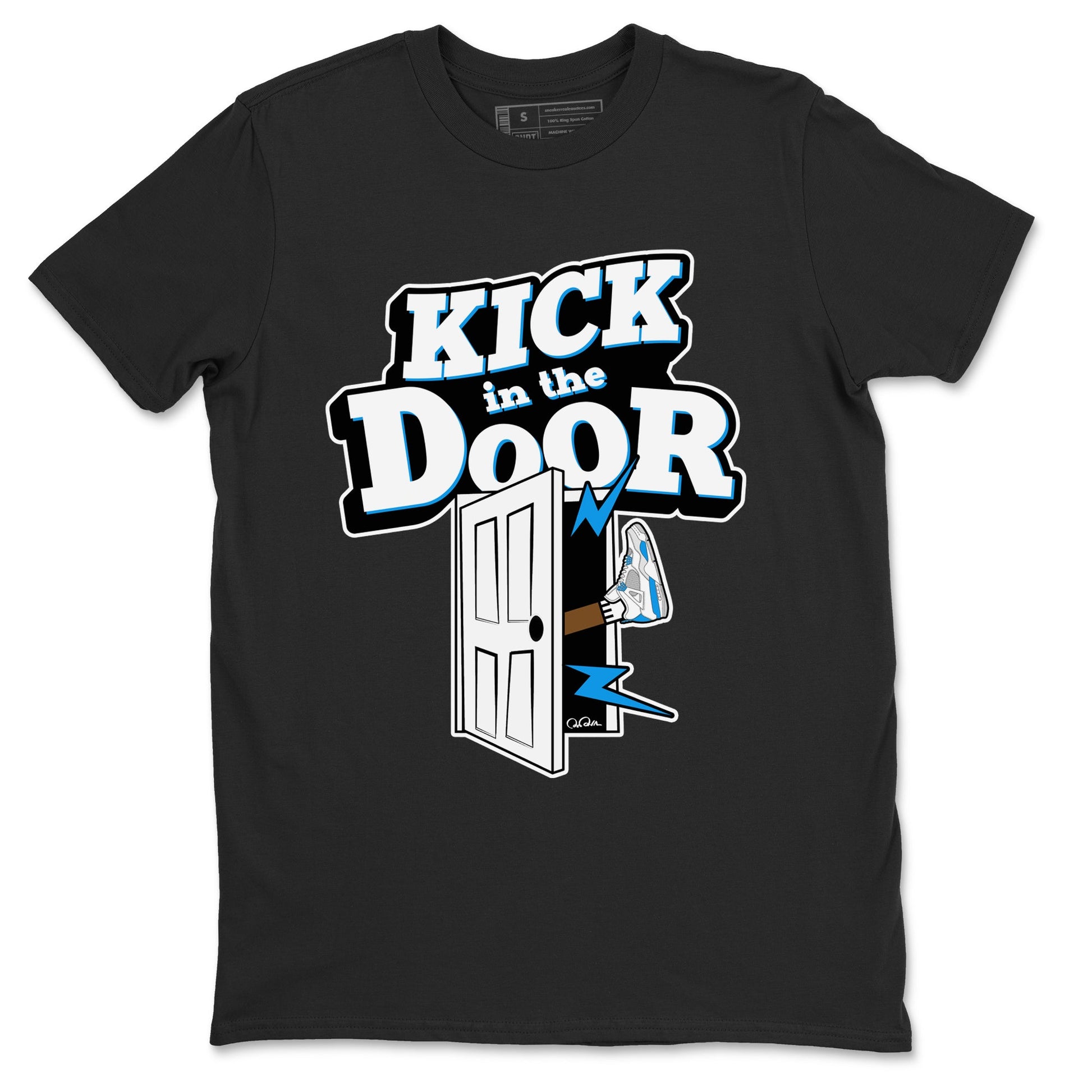 Air Jordan 4 Industrial Blue shirt to match jordans Kick In The Door sneaker tees Air Jordan 4 Military Blue SNRT Sneaker Release Tees unisex cotton Black 2 crew neck shirt