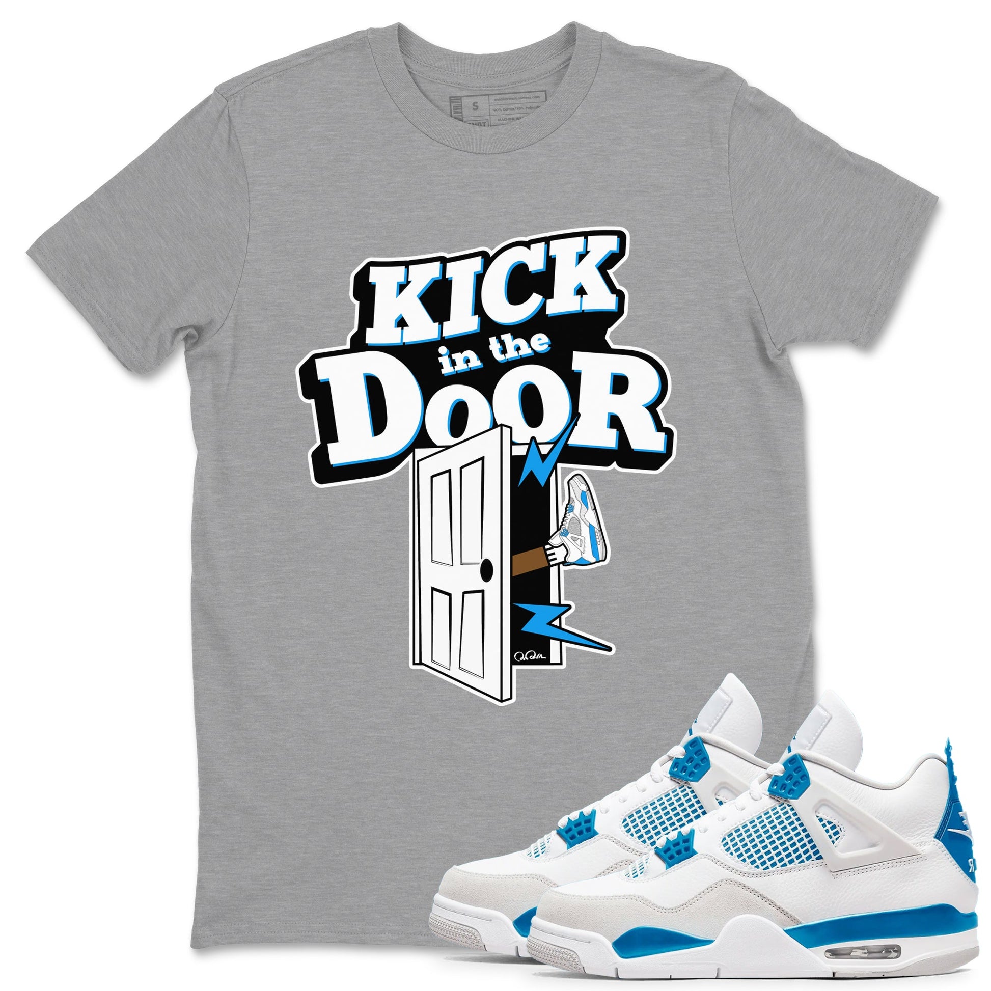 Air Jordan 4 Industrial Blue shirt to match jordans Kick In The Door sneaker tees Air Jordan 4 Military Blue SNRT Sneaker Release Tees unisex cotton Heather Grey 1 crew neck shirt
