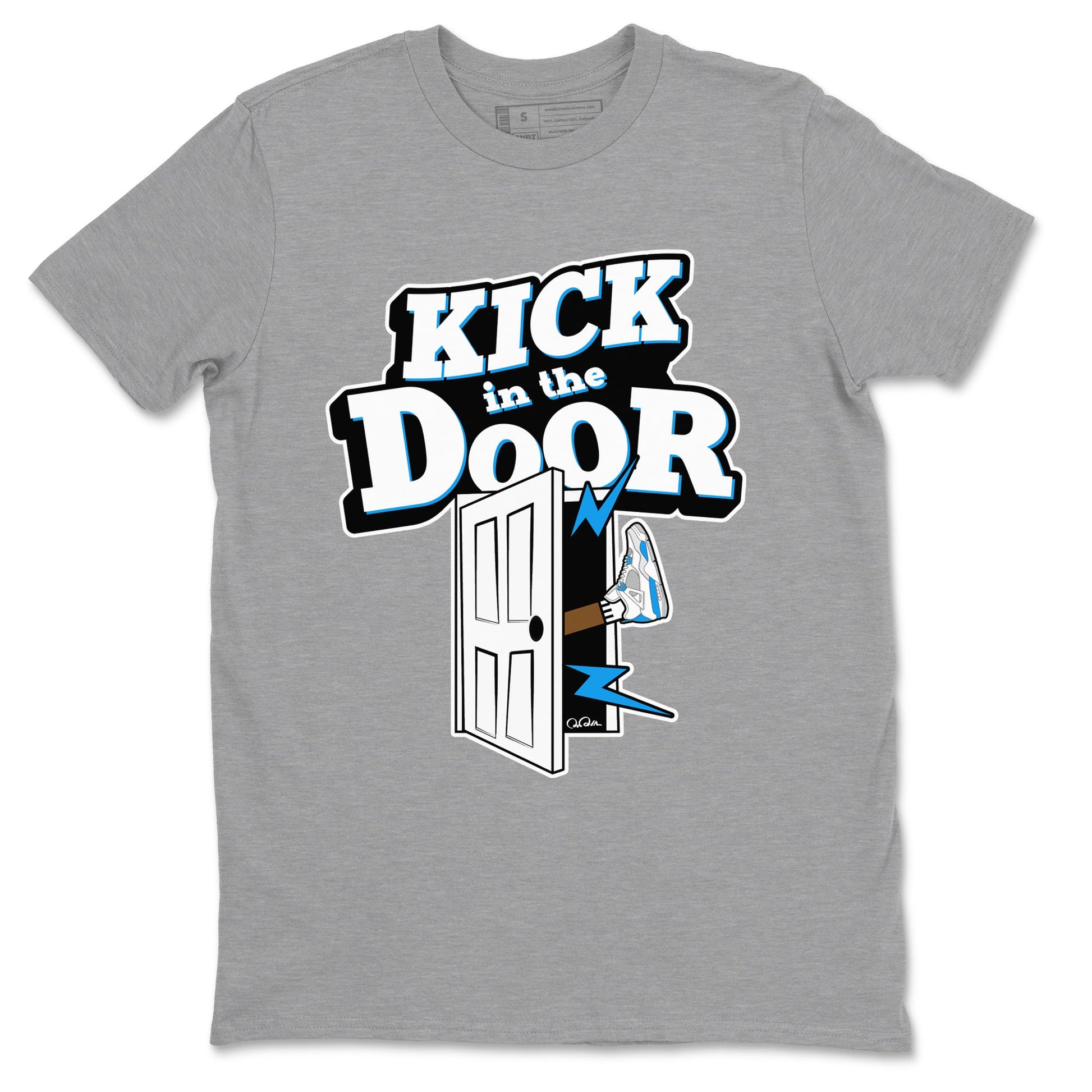 Air Jordan 4 Industrial Blue shirt to match jordans Kick In The Door sneaker tees Air Jordan 4 Military Blue SNRT Sneaker Release Tees unisex cotton Heather Grey 2 crew neck shirt
